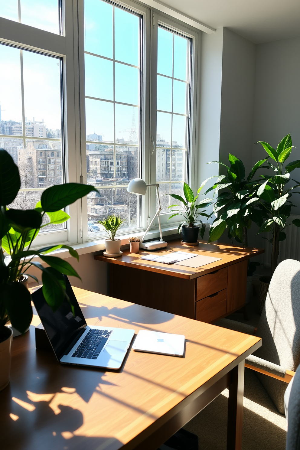 A cozy study room filled with natural light. A large wooden desk sits against the window, adorned with a sleek laptop and a stylish desk lamp. Lush potted plants are placed in each corner, bringing a refreshing touch to the space. A comfortable armchair is positioned nearby, inviting long hours of reading and concentration.