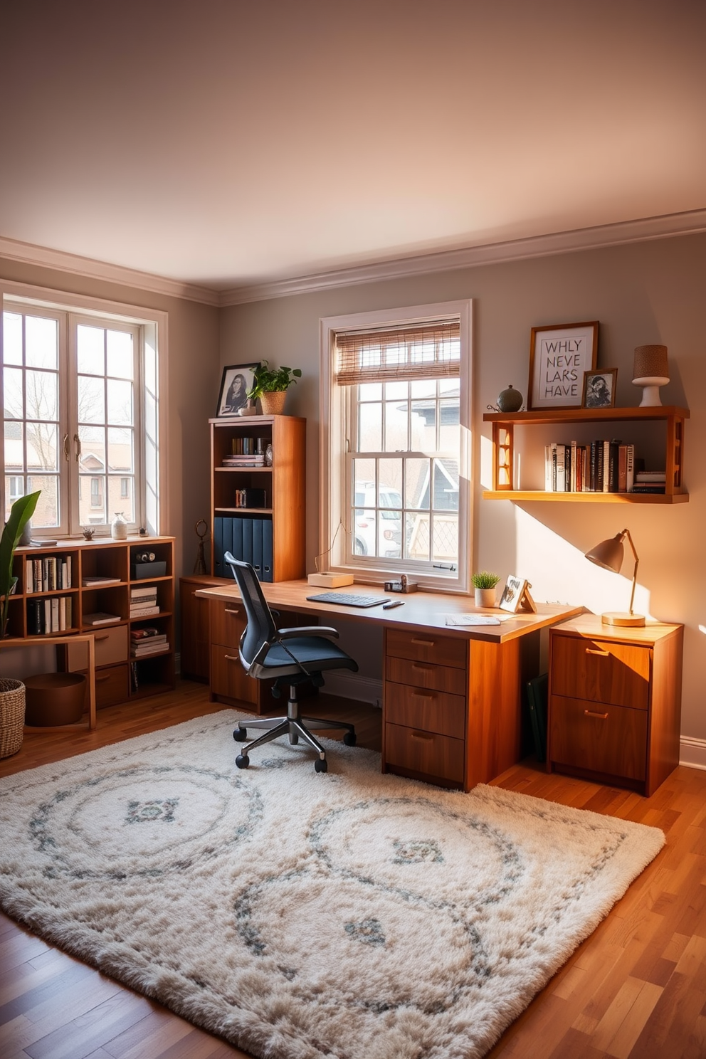 A cozy study room featuring a soft area rug that adds warmth underfoot. The room is adorned with a large wooden desk positioned near a window, complemented by a comfortable ergonomic chair and shelves filled with books and decorative items.