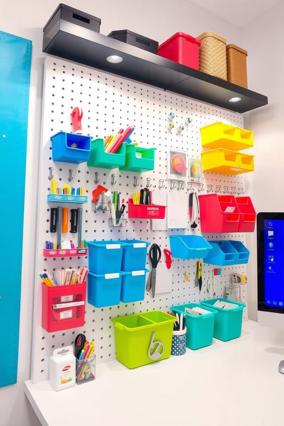 A modern study room featuring a wall-mounted pegboard for organizing supplies. The pegboard is neatly arranged with colorful bins, hooks, and shelves, creating an efficient and visually appealing workspace.