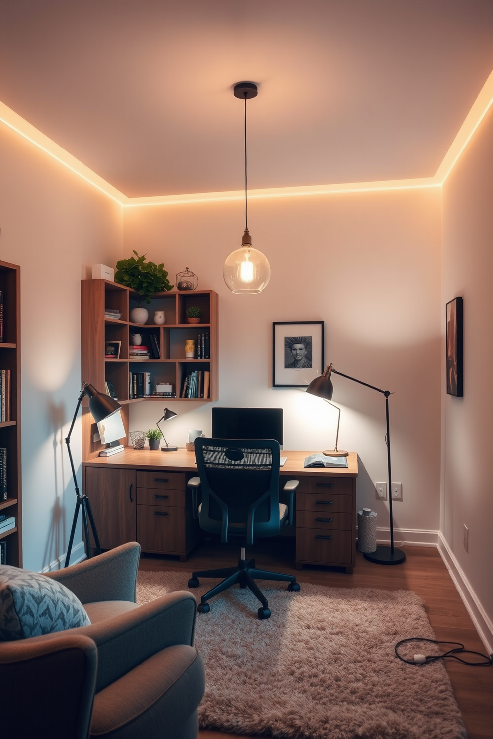 A cozy study room filled with warm mood lighting that can be adjusted to create the perfect atmosphere for productivity or relaxation. The space features a large wooden desk with a comfortable ergonomic chair, surrounded by shelves lined with books and decorative items. Soft pendant lights hang from the ceiling, casting a gentle glow over the room, while a floor lamp in the corner provides additional illumination. The walls are painted in a soothing neutral tone, and a plush area rug adds warmth underfoot, creating an inviting environment for focused work or study sessions.