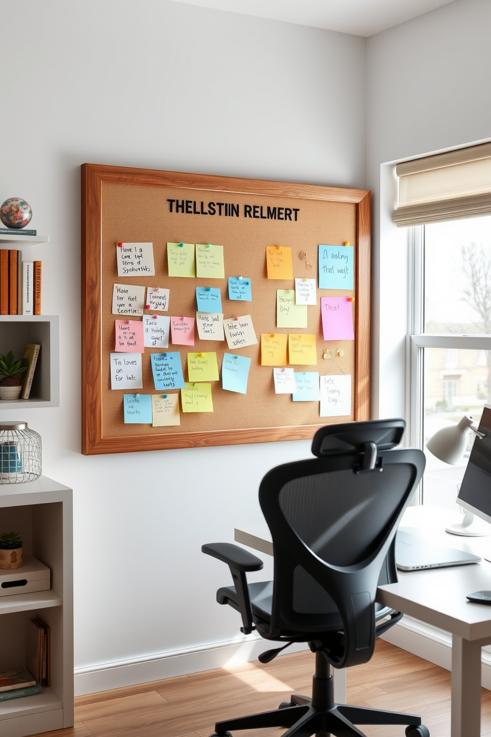 A personalized bulletin board filled with colorful reminders and inspirational quotes. The board is framed in a rustic wood finish and adorned with decorative pushpins in various shapes. The study room features a sleek desk with a comfortable ergonomic chair positioned near a window. Soft natural light illuminates the space, complemented by shelves filled with books and decorative items.