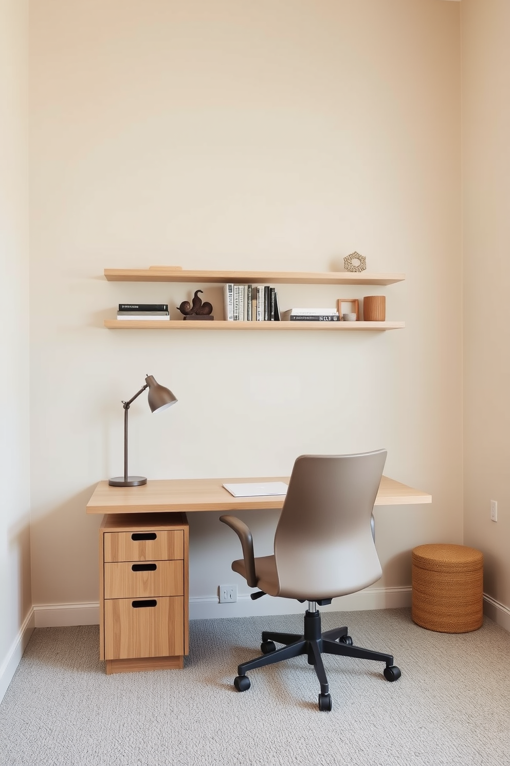 A serene study room featuring a neutral color palette that promotes a calming atmosphere. The walls are painted in soft beige, complemented by a light gray carpet that adds warmth to the space. A sleek wooden desk sits against the wall, paired with a comfortable ergonomic chair in a muted tone. Above the desk, floating shelves display curated books and decorative items, enhancing the minimalist aesthetic.