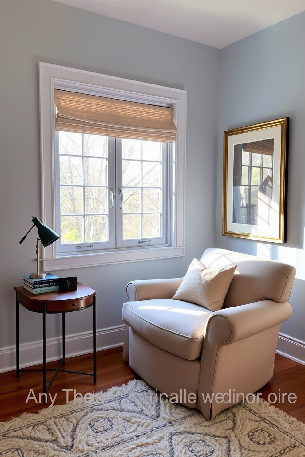 A serene study corner featuring a plush, oversized armchair in a soft beige fabric. The armchair is positioned near a large window that allows natural light to flood the space, creating an inviting atmosphere. Next to the armchair, there is a small wooden side table with a stack of books and a stylish lamp. The walls are painted in a calming light blue, and a plush area rug adds warmth to the hardwood floor.