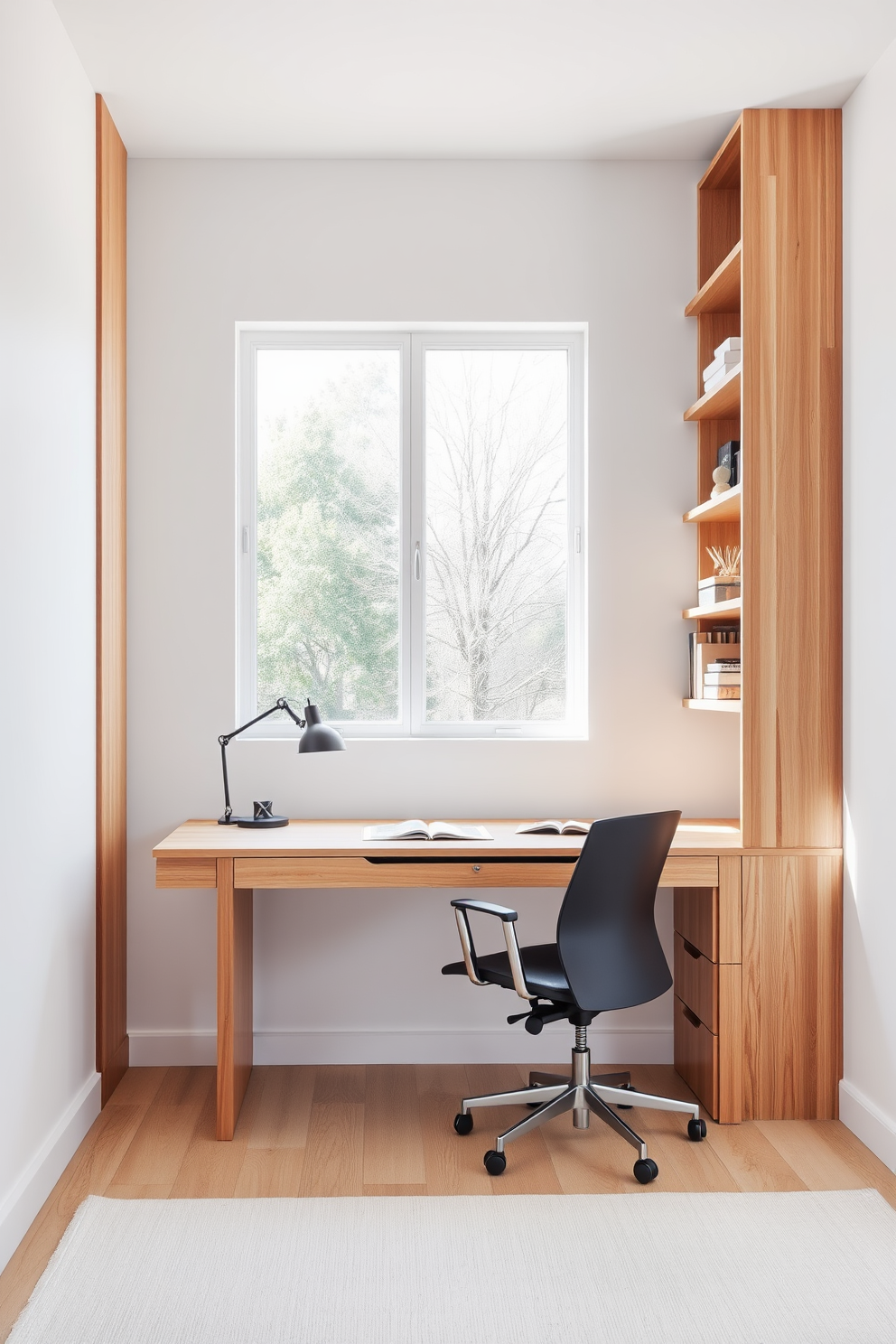 A minimalist desk with natural wood accents sits against a soft white wall. The desk features clean lines and a simple design, complemented by a comfortable ergonomic chair. A large window allows natural light to flood the room, enhancing the warm tones of the wood. Shelves with a few carefully curated books and decorative items add a touch of personality without cluttering the space.