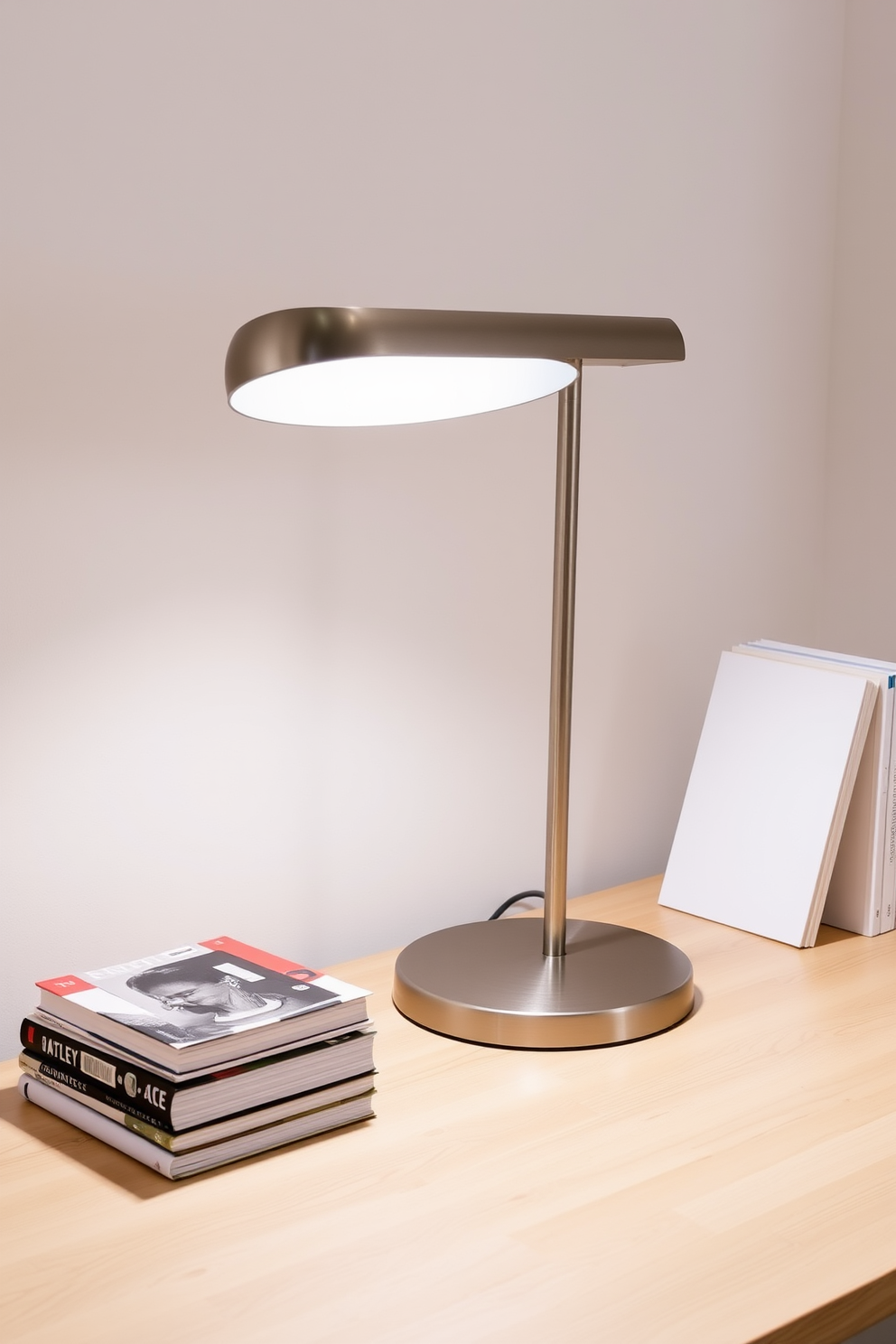 A stylish desk lamp with a sleek metallic finish provides focused lighting on a minimalist wooden desk. The lamp is positioned beside a stack of books, enhancing the modern aesthetic of the study room while complementing the neutral color palette of the walls.