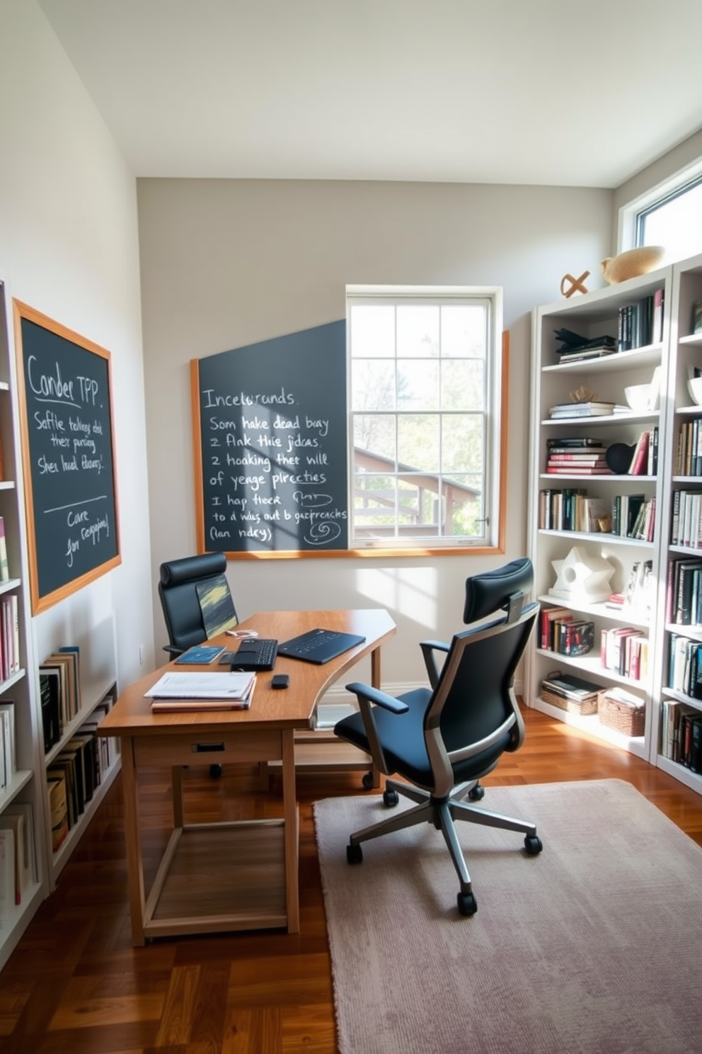 A cozy study room featuring a large chalkboard mounted on the wall for notes and ideas. The room is filled with natural light from a wide window, and a sturdy wooden desk sits in front of it, accompanied by a comfortable ergonomic chair. Bookshelves line the walls, filled with neatly organized books and decorative items. A soft area rug in neutral tones adds warmth to the hardwood floor, creating an inviting atmosphere for productivity.