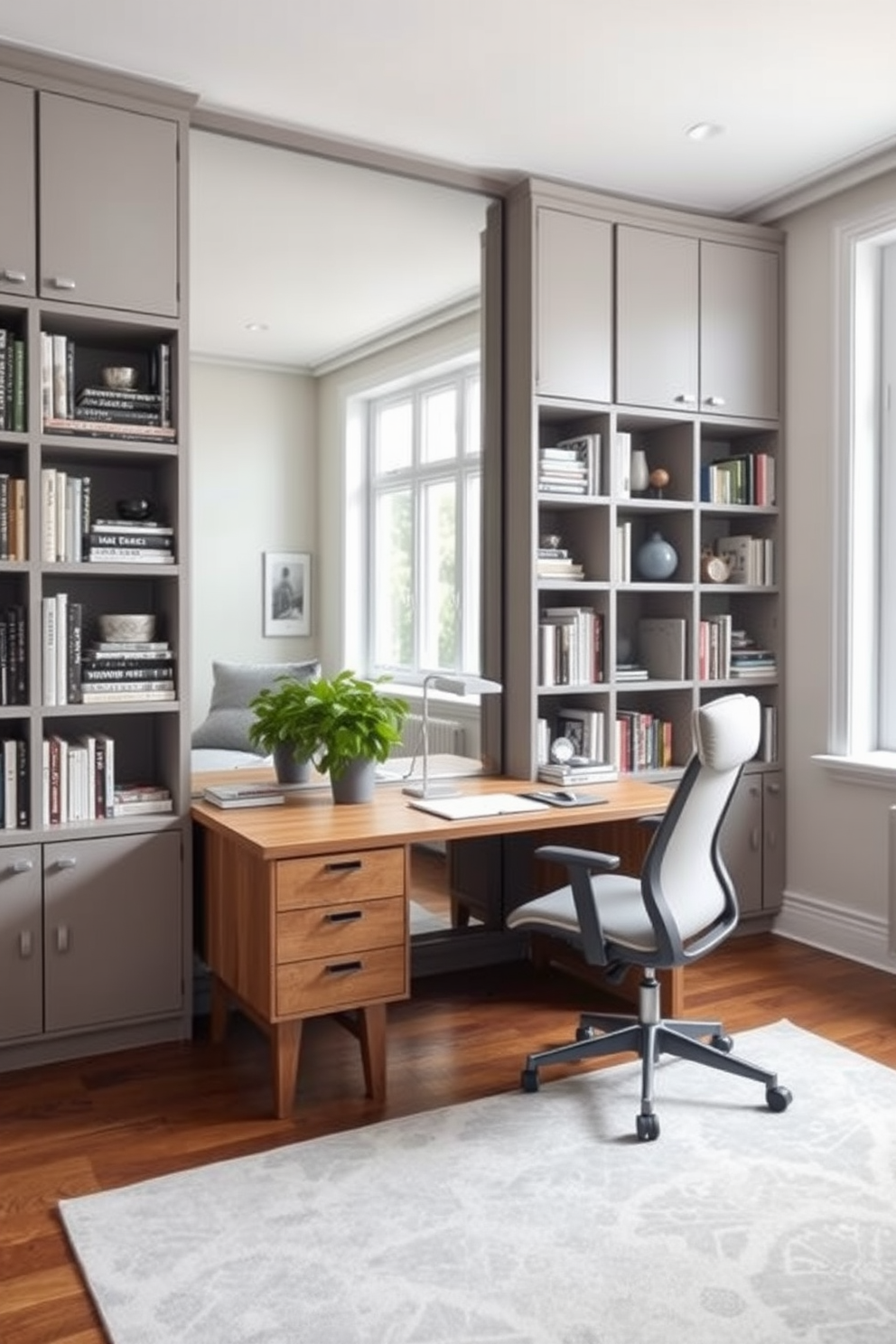 A contemporary study room featuring a large wooden desk positioned against a wall of built-in shelves filled with books and decorative items. A floor-to-ceiling mirror on the opposite wall reflects natural light from a nearby window, creating an illusion of a larger space. The color palette consists of soft greys and whites, accented by a vibrant green plant on the desk. A comfortable ergonomic chair complements the desk, and a stylish area rug adds warmth to the hardwood floor.