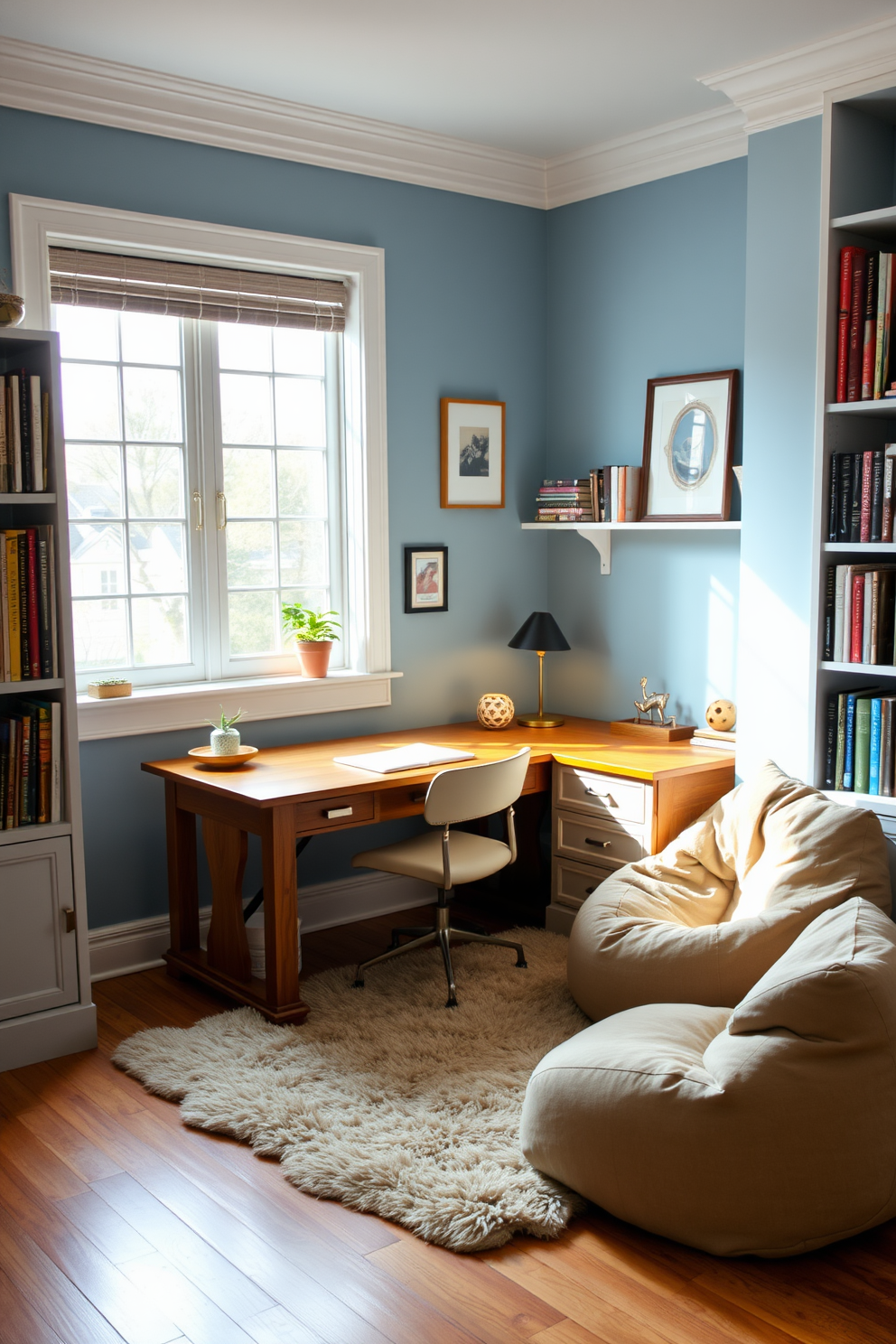 A cozy study room featuring a large wooden desk positioned by a window, allowing natural light to flood the space. The walls are painted in a soft blue hue, and a plush area rug lies beneath the desk, providing warmth and comfort. In one corner, a comfy bean bag invites relaxation, complementing the overall aesthetic. Bookshelves filled with books and decorative items line the walls, creating an inspiring and functional environment.