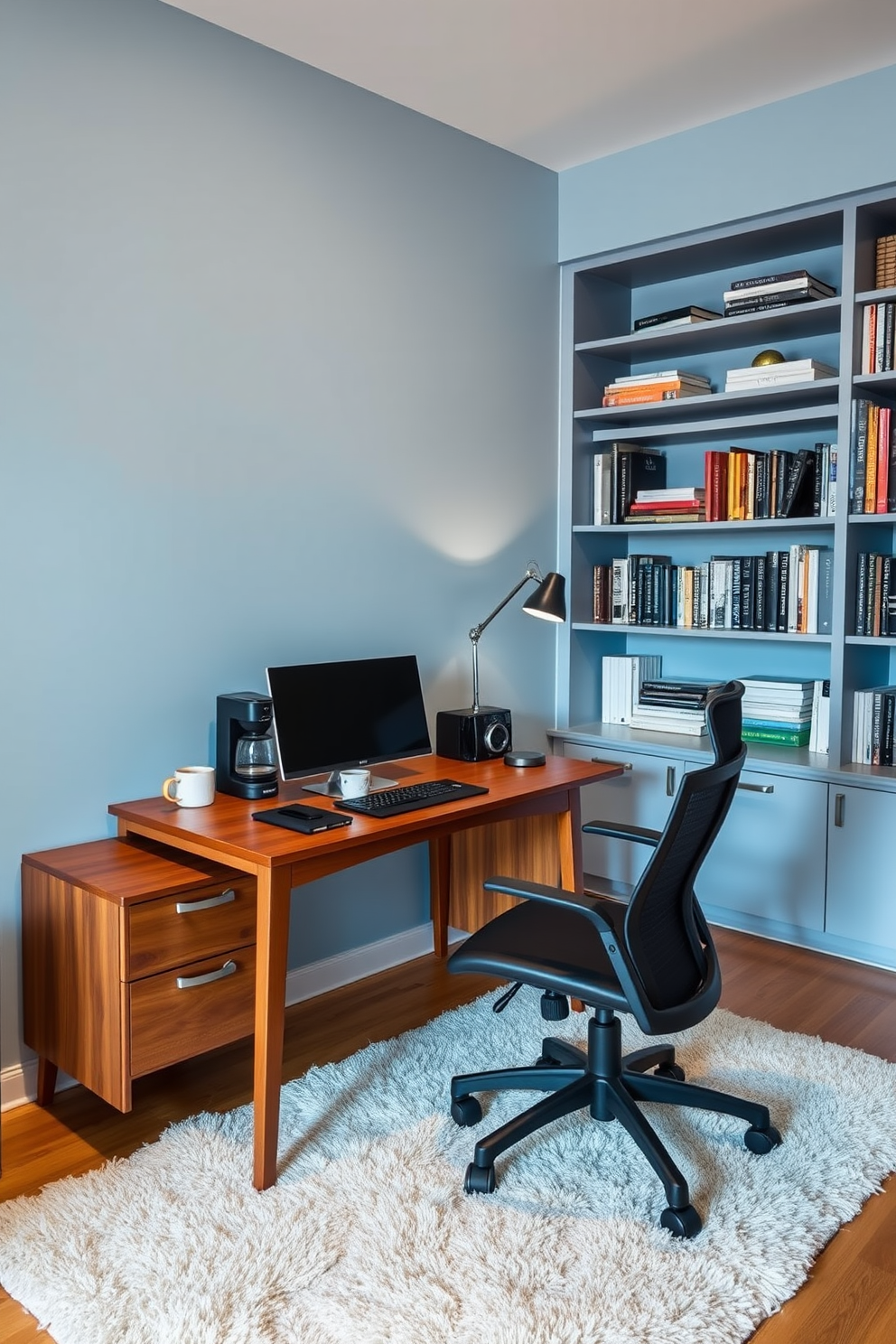 A cozy study room featuring a sleek wooden desk positioned against a wall, complemented by a comfortable ergonomic chair. To the side, a small coffee station with a stylish coffee maker and neatly arranged mugs adds a touch of warmth to the space. The walls are painted in a soft blue hue, creating a calming atmosphere, while a large bookshelf filled with books and decorative items lines the opposite wall. A plush area rug underfoot and a modern desk lamp complete the inviting and functional design.