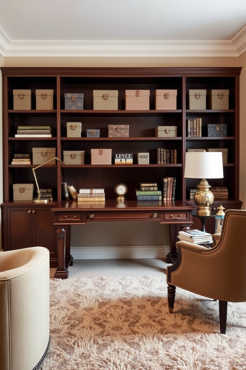 A cozy study room featuring an elegant wooden desk with a sleek lamp positioned on one side. Decorative boxes in varying sizes and colors are neatly arranged on the shelves, providing both storage and a pop of style. The walls are painted in a soft beige tone, complemented by a plush area rug in muted tones. A comfortable armchair sits in the corner, inviting relaxation with a small side table holding a stack of books.