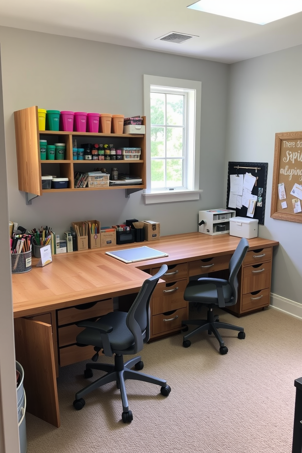 A designated area for art supplies and crafts features a large wooden table with ample workspace and built-in storage drawers. Shelves above the table are lined with colorful containers holding various art materials, and a bright window allows natural light to flood the space. The walls are painted in a soft pastel hue, creating a calming atmosphere conducive to creativity. A comfortable chair with ergonomic support sits at the table, and a bulletin board nearby displays inspiring artwork and notes.