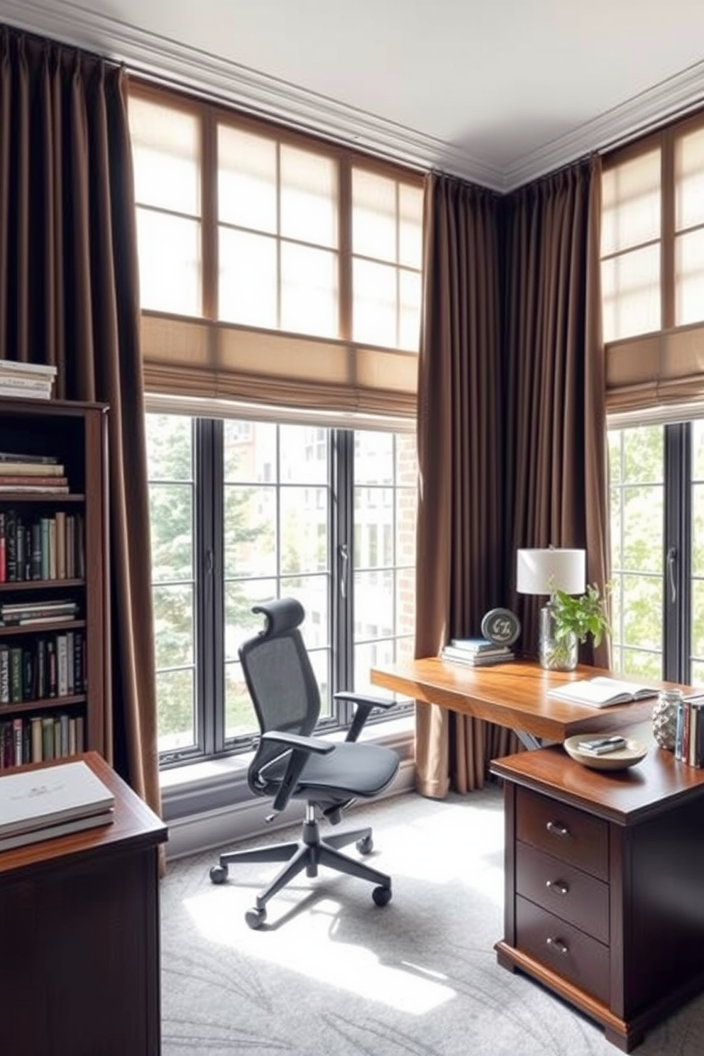 A cozy study room featuring large windows dressed with elegant curtains that provide both privacy and style. The room includes a sleek wooden desk positioned near the windows, complemented by a comfortable ergonomic chair and a stylish bookshelf filled with books and decorative items.