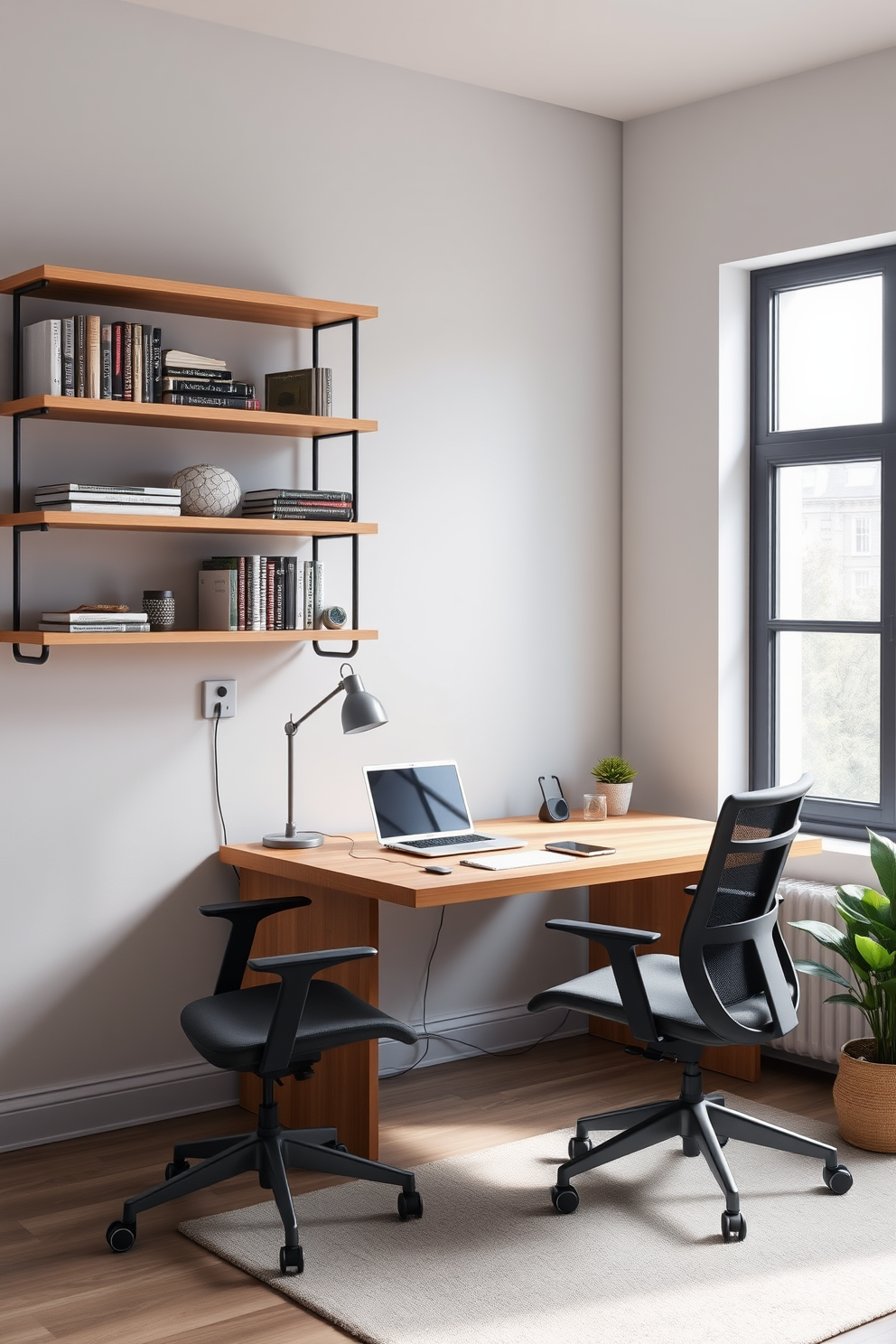 A modern study room featuring a sleek tech-friendly charging station integrated into a stylish wooden desk. The desk is positioned near a large window, allowing natural light to illuminate the space, and ergonomic chairs provide comfort for long study sessions. The walls are painted in a calming light gray, complemented by floating shelves displaying books and tech gadgets. A soft area rug adds warmth to the room, and a potted plant in the corner brings a touch of nature indoors.