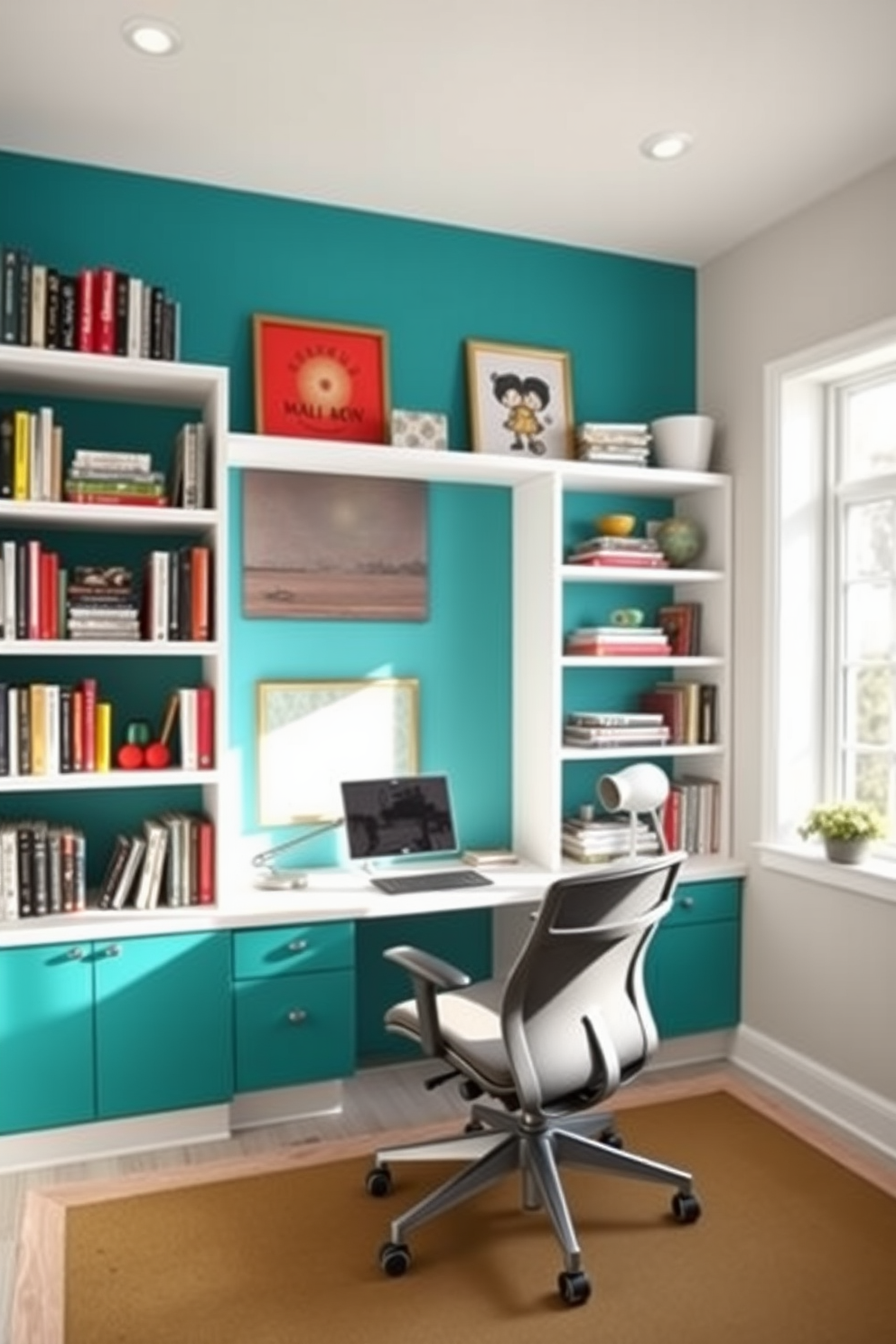 A vibrant accent wall painted in a rich teal hue serves as the focal point of the study room. Surrounding the wall, sleek white shelves are filled with books and decorative items, creating an inviting atmosphere for creativity. The study features a modern wooden desk paired with a comfortable ergonomic chair. Large windows allow natural light to flood the space, enhancing the colorful decor and inspiring productivity.