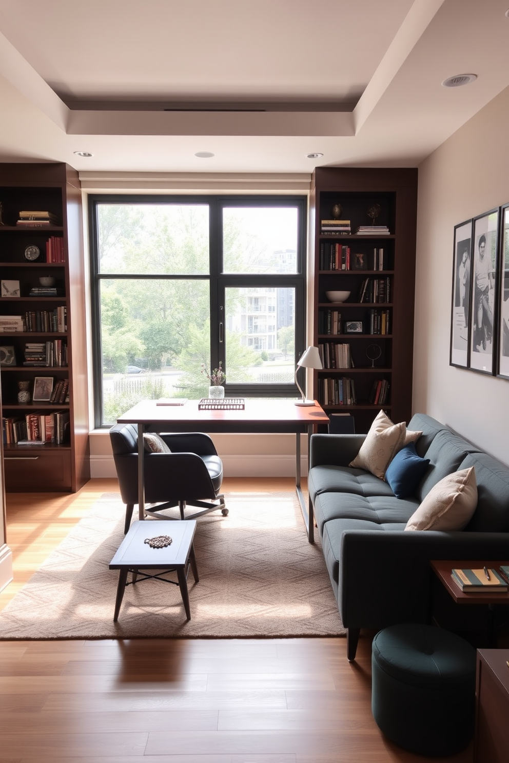 A cozy study room featuring a small, stylish sofa positioned against one wall, providing a comfortable spot for breaks. The room is filled with natural light from a large window, and a wooden desk with a sleek design sits opposite the sofa, surrounded by bookshelves filled with neatly arranged books and decorative items.