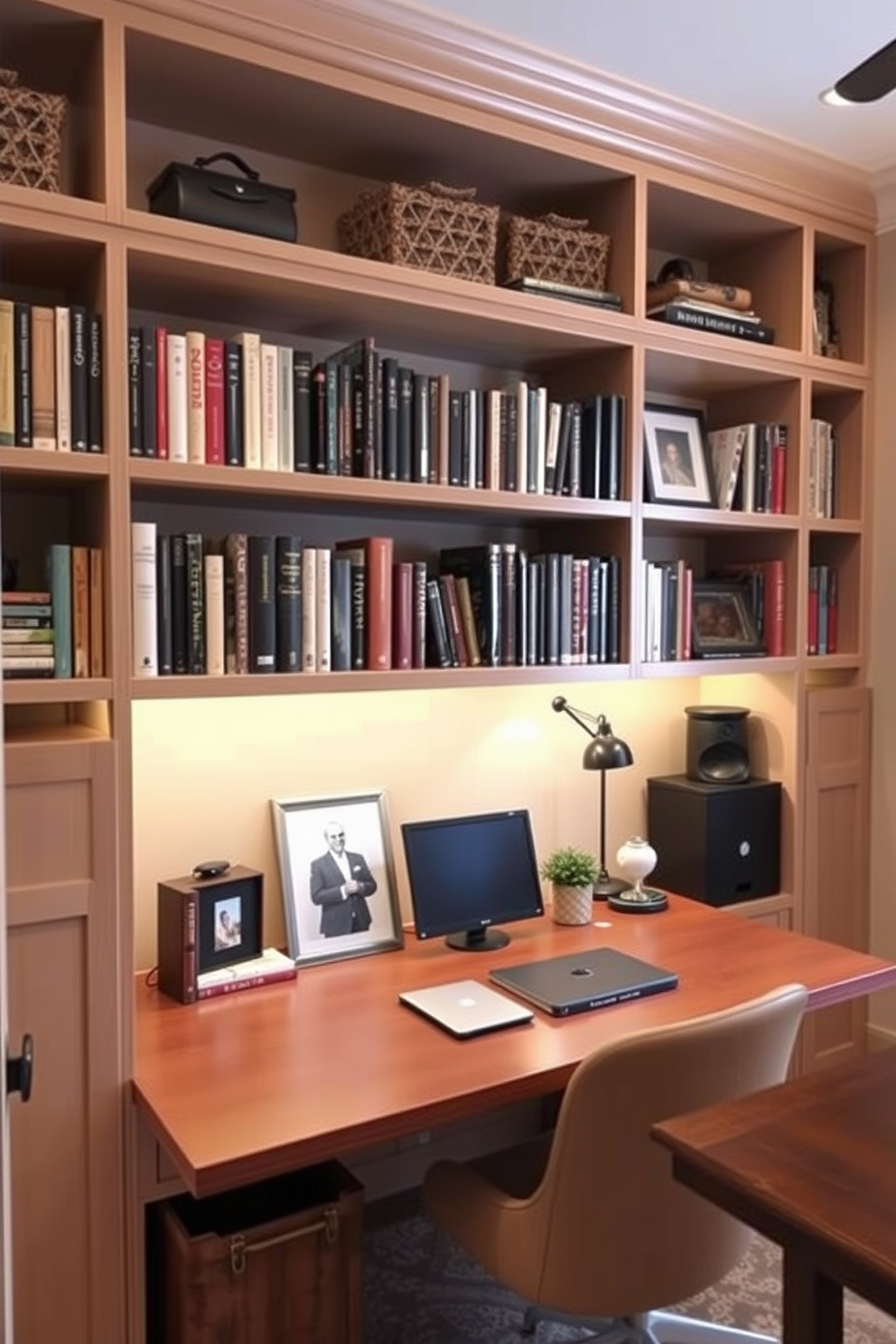 A cozy study room featuring built-in shelves that provide organized storage. The shelves are filled with books and decorative items, creating a personalized and inviting atmosphere.