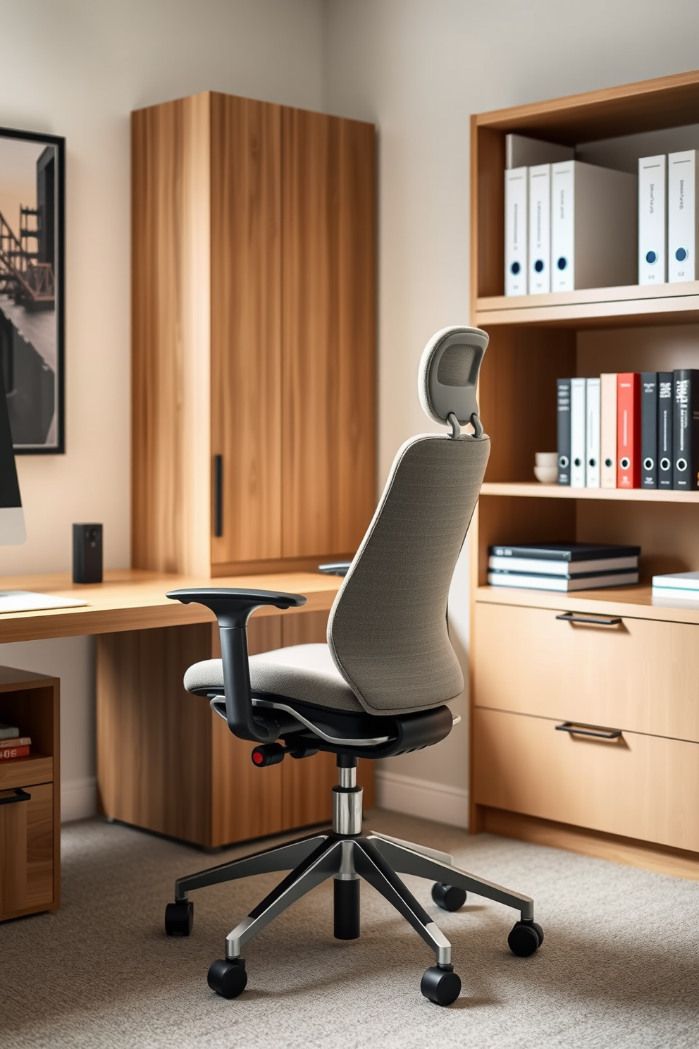 A modern study room featuring an ergonomic chair designed for comfort during long study sessions. The chair is upholstered in soft fabric with adjustable height and lumbar support, positioned at a sleek wooden desk with ample storage.