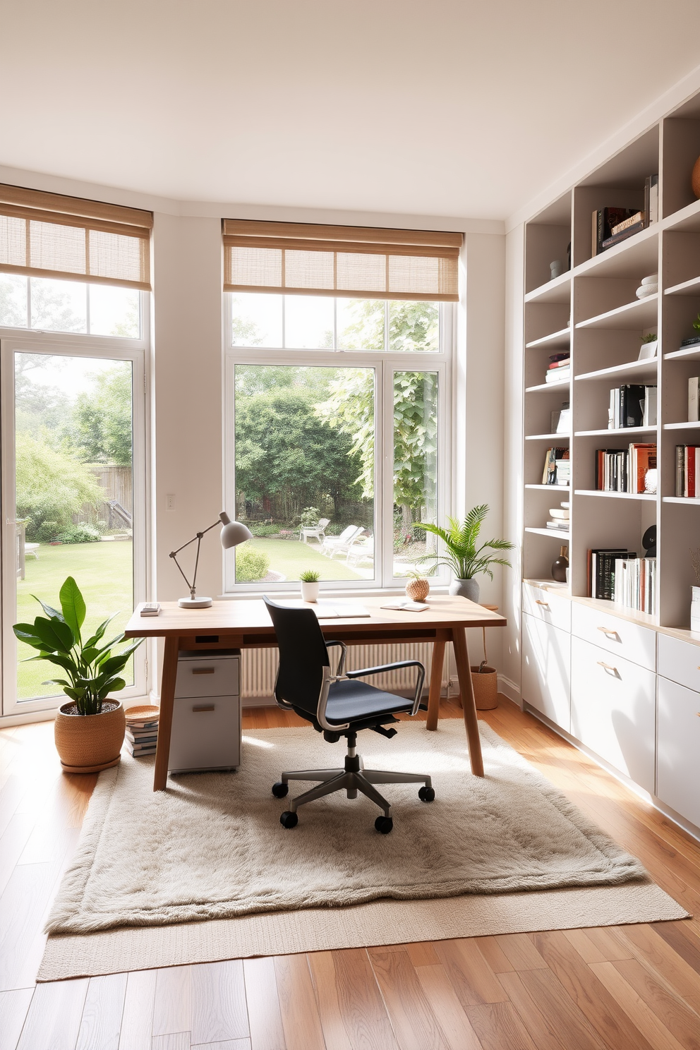 A spacious study room filled with natural light from a large window that overlooks a serene garden. The room features a sleek wooden desk positioned near the window, accompanied by a comfortable ergonomic chair and stylish bookshelves lining the walls. Soft, neutral tones dominate the color palette, creating a calm and inviting atmosphere. A plush area rug lies beneath the desk, and potted plants add a touch of greenery to enhance the overall ambiance.