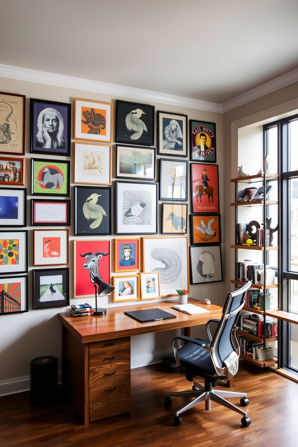 A gallery wall filled with an eclectic mix of inspiring artwork. The pieces vary in size and style, creating a dynamic visual impact that draws the eye. The study room features a sleek wooden desk positioned against a large window. A comfortable ergonomic chair complements the desk, while shelves filled with books and decorative items line the walls.