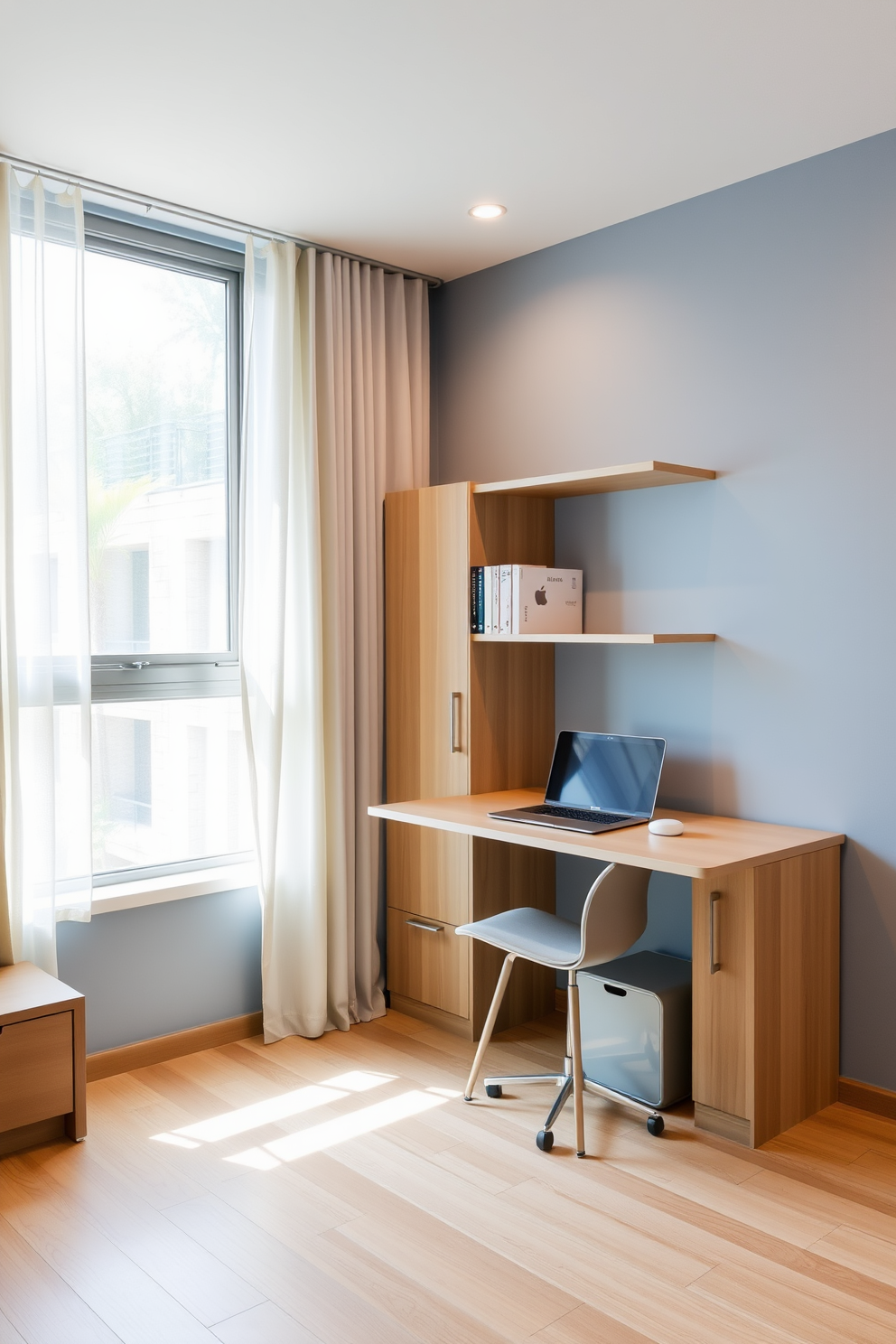 A study room featuring multi-functional furniture designed for small spaces. The room includes a sleek desk that folds into the wall when not in use, paired with a compact chair that doubles as a storage unit. Natural light floods the space through a large window adorned with light sheer curtains. The walls are painted a calming blue, and a small bookshelf is mounted above the desk, maximizing vertical space.