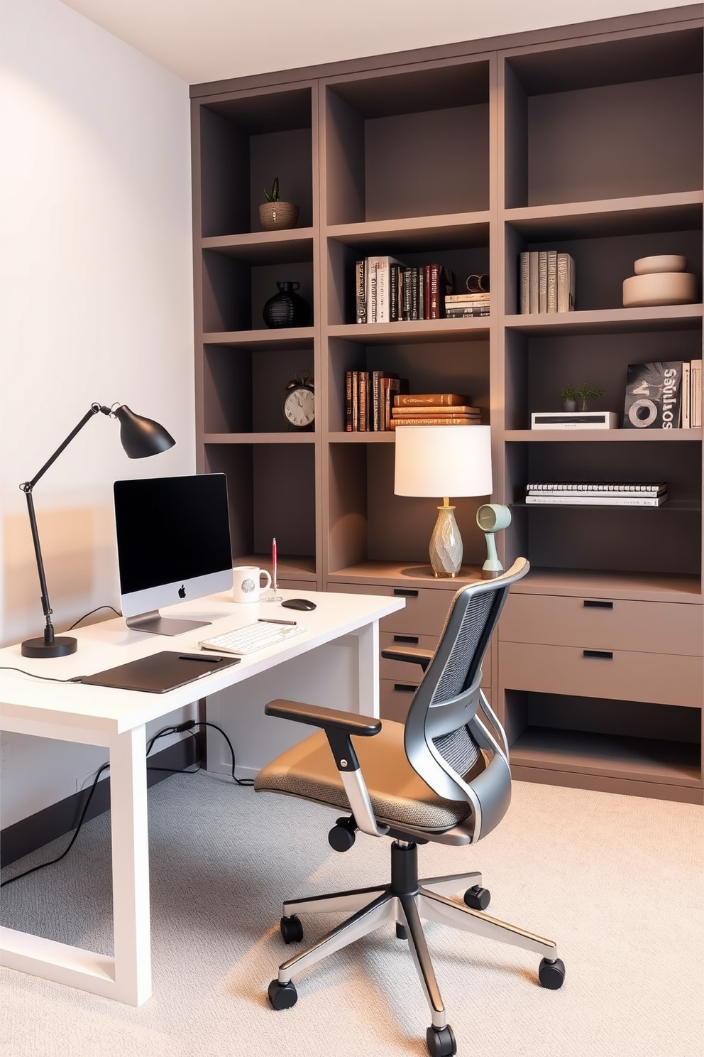 A study room featuring sleek cable management solutions that keep wires hidden and organized. The desk is minimalist with a built-in cable tray and the walls are adorned with shelves for books and decorative items. The color palette consists of soft neutrals to create a calming atmosphere. A comfortable ergonomic chair complements the workspace, while a stylish lamp provides adequate lighting for reading and studying.