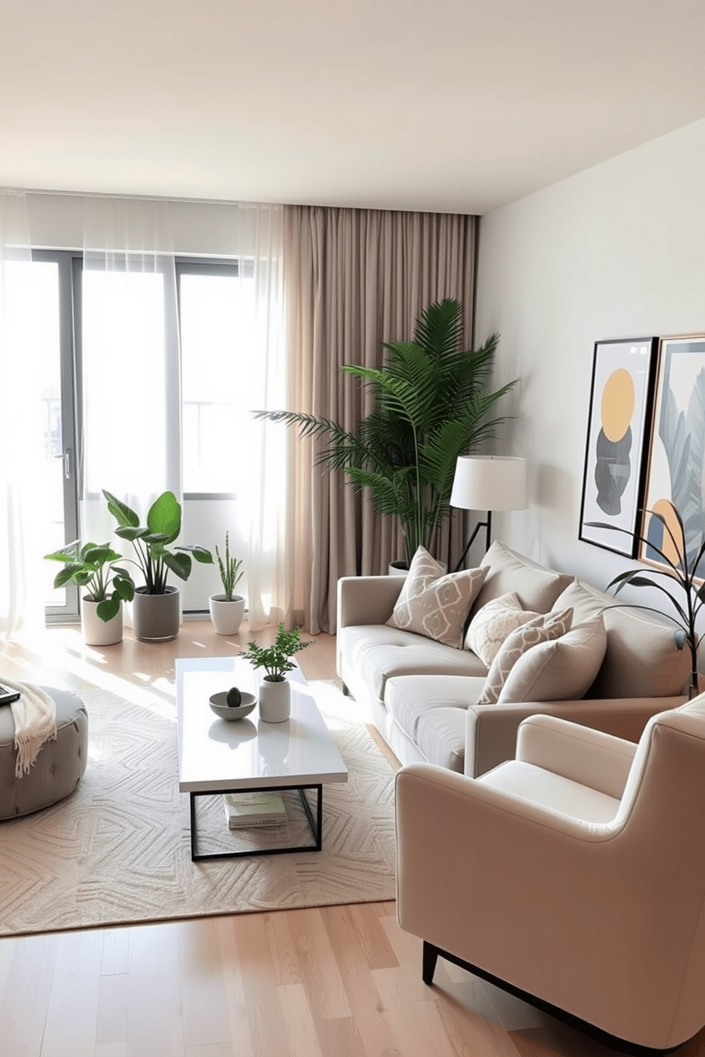 Maximize natural light in a stylish apartment by using sheer curtains that allow sunlight to filter through while maintaining privacy. The open layout features a cozy living area with a plush sofa, a sleek coffee table, and an accent chair, all arranged to create an inviting atmosphere. Incorporate greenery with potted plants placed strategically near windows to enhance the freshness of the space. The color palette includes soft pastels and neutral tones, complemented by modern art pieces that add character to the walls.