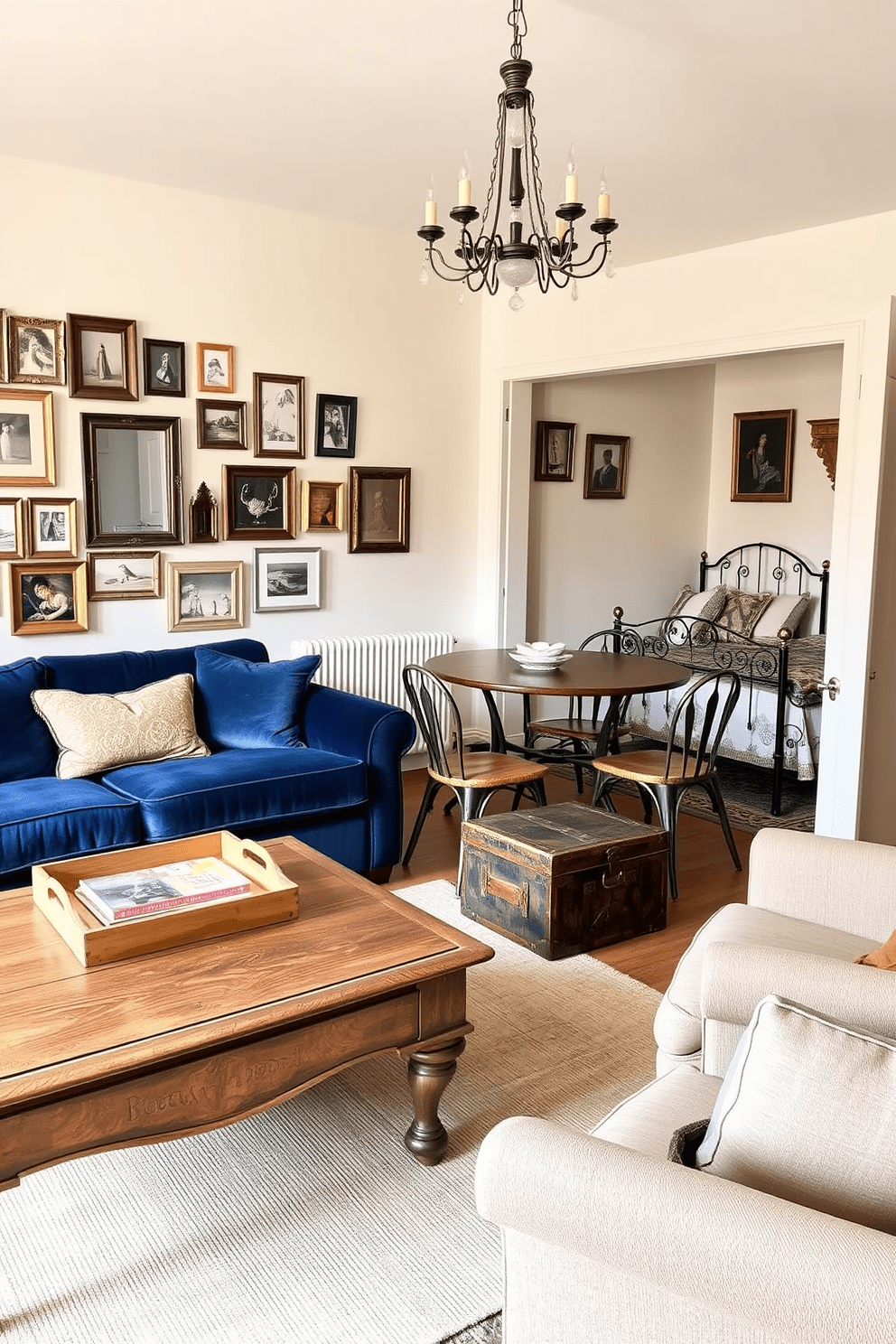 A stylish apartment design featuring vintage accents that add character. The living room showcases a plush velvet sofa in deep blue, paired with an antique wooden coffee table adorned with a decorative tray and a stack of art books. The walls are painted in a soft cream color, enhancing the warmth of the space. A gallery wall displays an eclectic mix of vintage frames and artwork, creating a focal point that draws the eye. In the dining area, a rustic farmhouse table is surrounded by mismatched chairs, each with its own unique charm. A vintage chandelier hangs above, providing a warm glow that invites conversation and connection. The bedroom features a wrought iron bed frame dressed in luxurious linens, complemented by a vintage trunk at the foot of the bed. A cozy reading nook is created with a classic armchair and a small side table, perfect for enjoying a quiet moment with a book.