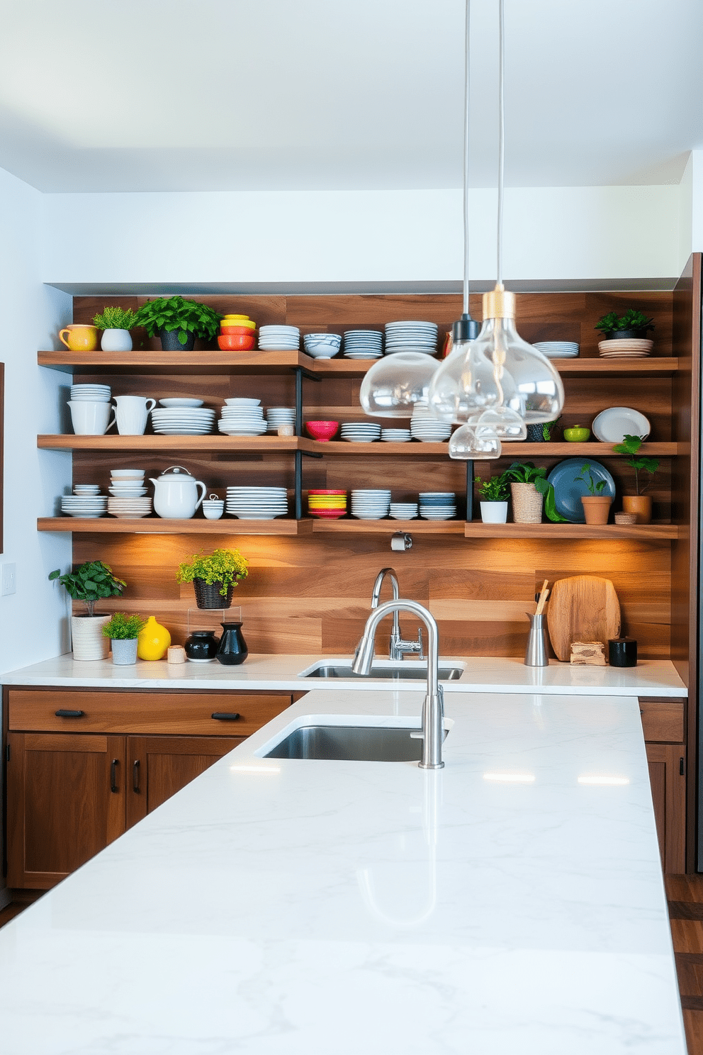 A stylish apartment kitchen featuring open shelving made of reclaimed wood. The shelves are adorned with an array of colorful dishware and potted herbs, creating a vibrant and inviting atmosphere. The kitchen island is topped with a sleek quartz countertop, providing ample space for meal preparation and casual dining. Pendant lights hang above the island, casting a warm glow over the space and enhancing the modern aesthetic.