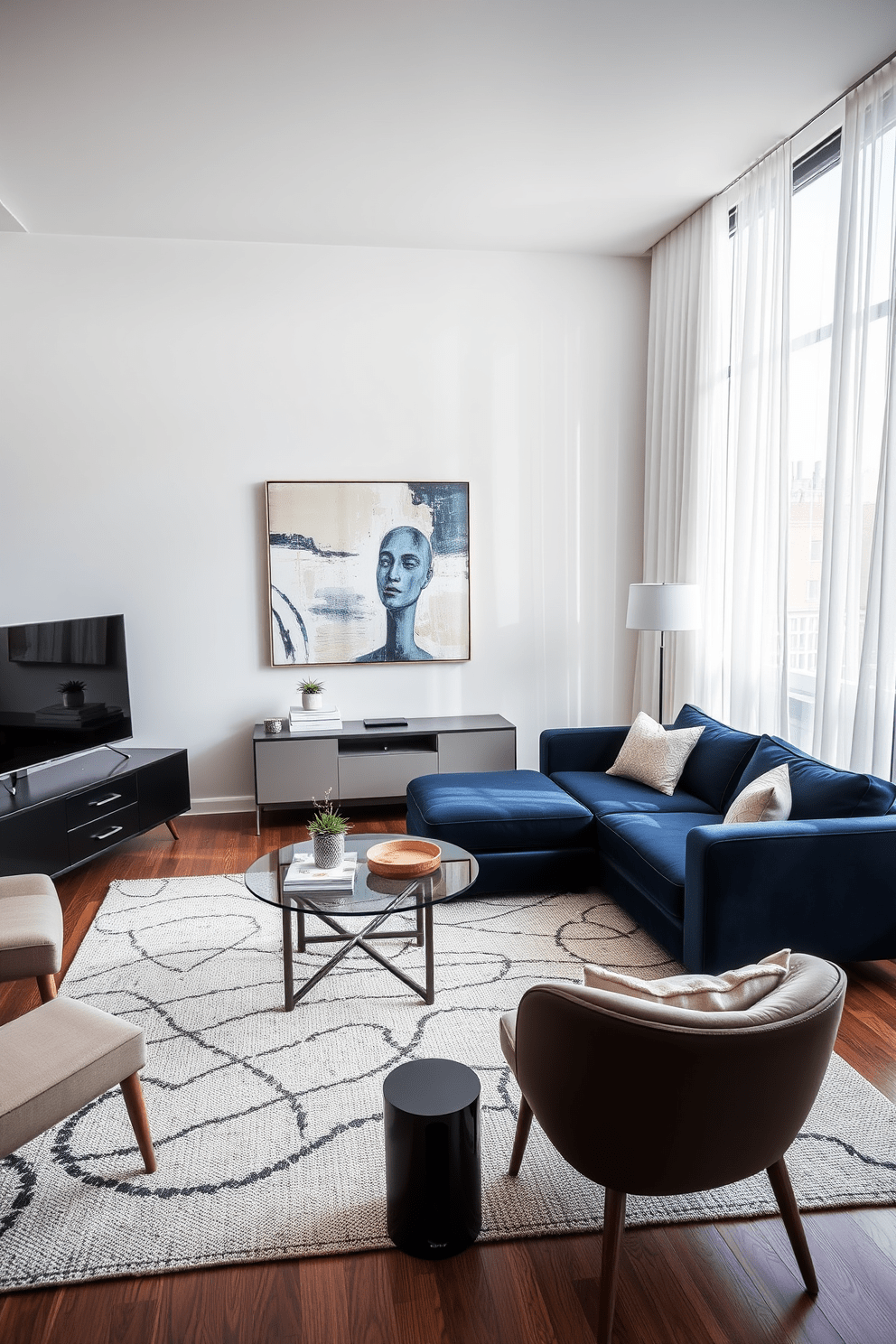 A stylish apartment living room featuring a plush sectional sofa in a rich navy blue. A large abstract painting hangs above a sleek media console, adding a personal touch to the space. The room is brightened by natural light streaming through floor-to-ceiling windows adorned with sheer white curtains. A round coffee table with a glass top sits atop a textured area rug, surrounded by modern accent chairs.