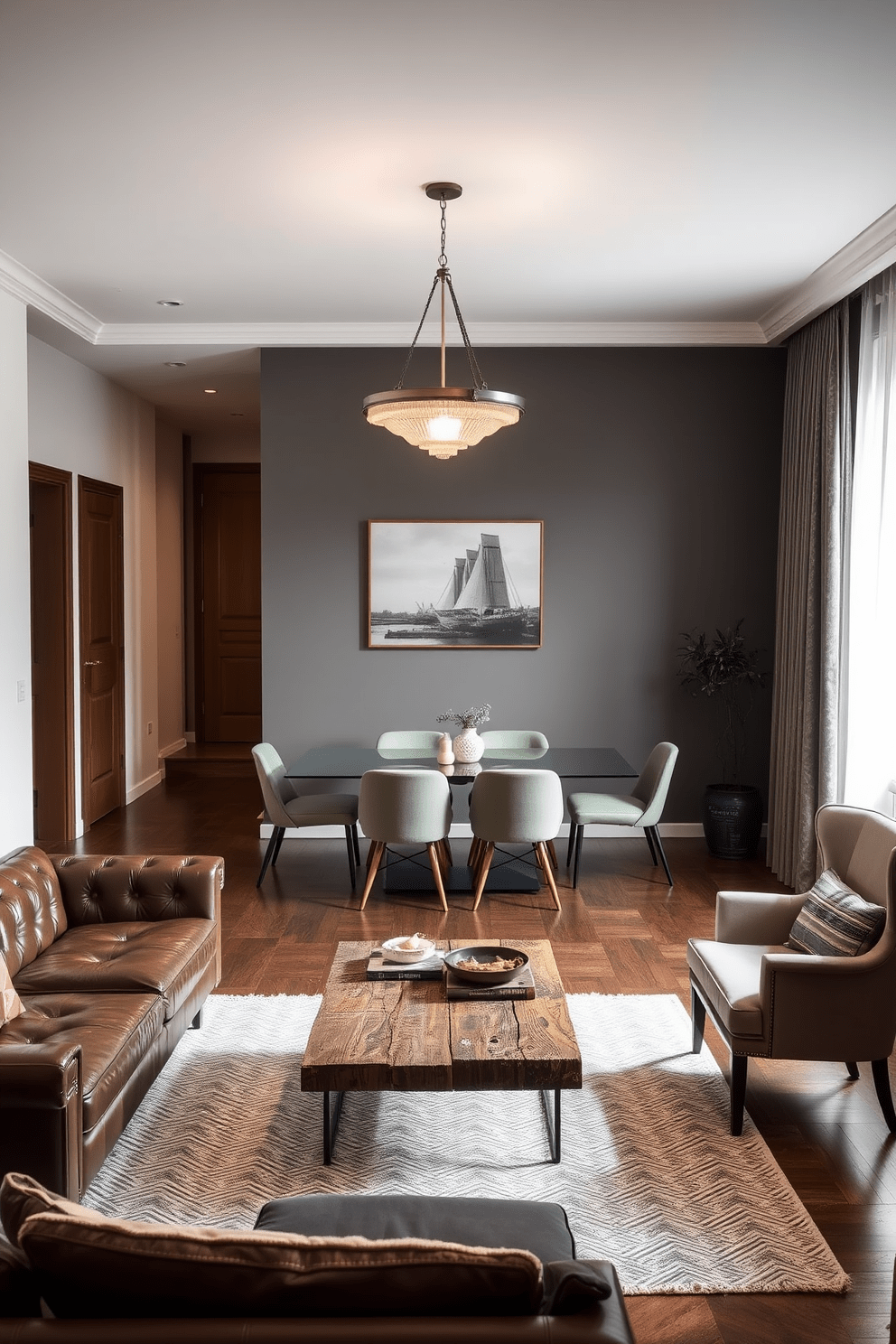 A stylish apartment design featuring a blend of modern and vintage furniture styles. The living area showcases a sleek leather sofa paired with a rustic wooden coffee table, while an antique armchair adds character to the space. The dining area includes a contemporary glass table surrounded by vintage upholstered chairs. Soft lighting from a mid-century chandelier creates a warm and inviting atmosphere throughout the apartment.