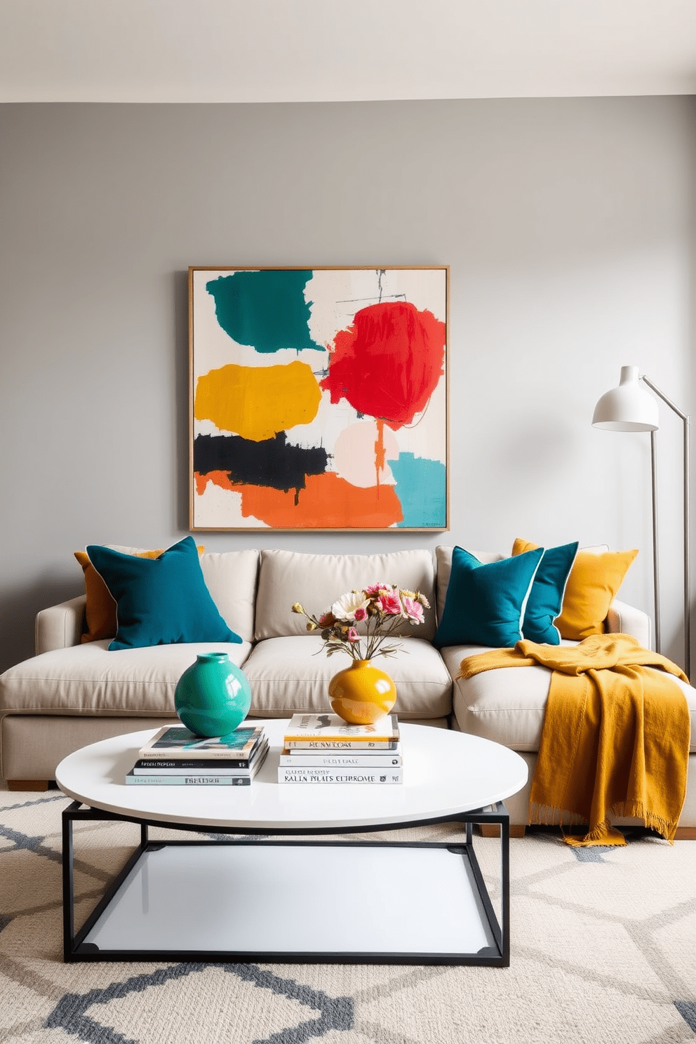 A stylish apartment living room features a plush sectional sofa in a neutral tone with vibrant throw pillows in shades of teal and mustard. A modern coffee table sits in front of the sofa, adorned with a stack of art books and a colorful ceramic vase filled with fresh flowers. The walls are painted a soft gray, creating a serene backdrop for a large abstract painting that incorporates bold colors. A cozy area rug in a geometric pattern anchors the space, while a sleek floor lamp adds warmth and invites relaxation.