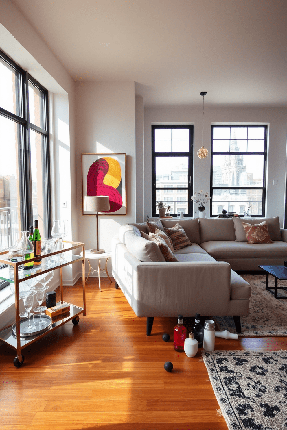 A stylish apartment design featuring an open living area with a modern sectional sofa in a neutral color. A chic bar cart is positioned nearby, elegantly displaying an assortment of glassware and decorative bottles. The walls are adorned with contemporary art pieces that add a pop of color to the space. Large windows allow natural light to flood in, illuminating the warm wooden flooring and creating a welcoming atmosphere.