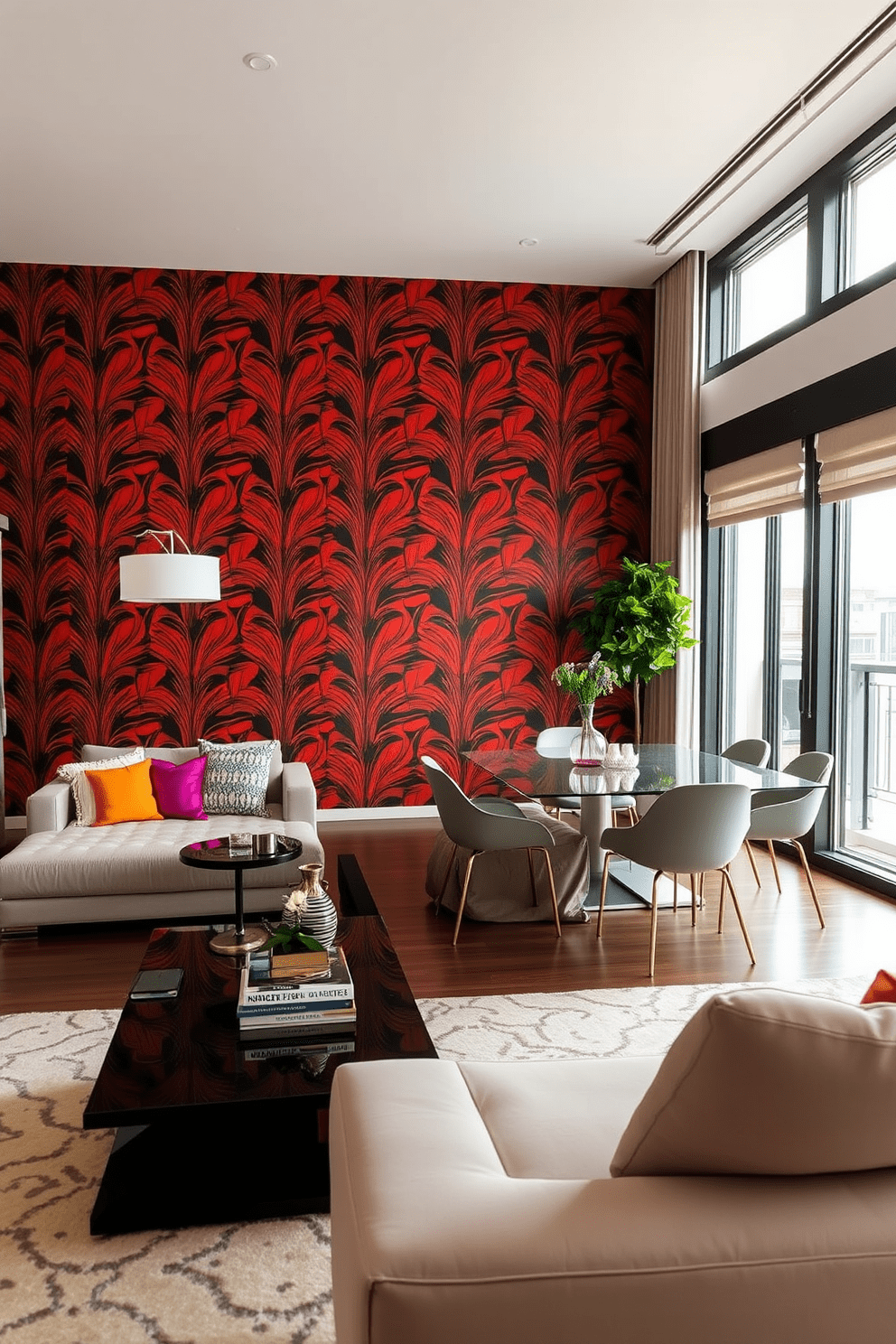 A stylish apartment featuring bold wallpaper that creates a dramatic focal point in the living area. The furniture includes a plush sectional sofa and a sleek coffee table, complemented by vibrant accent pillows that echo the wallpaper's colors. In the dining space, a modern table is surrounded by chic chairs, all set against a backdrop of the striking wallpaper. Large windows allow natural light to flood the room, enhancing the overall atmosphere of sophistication and comfort.