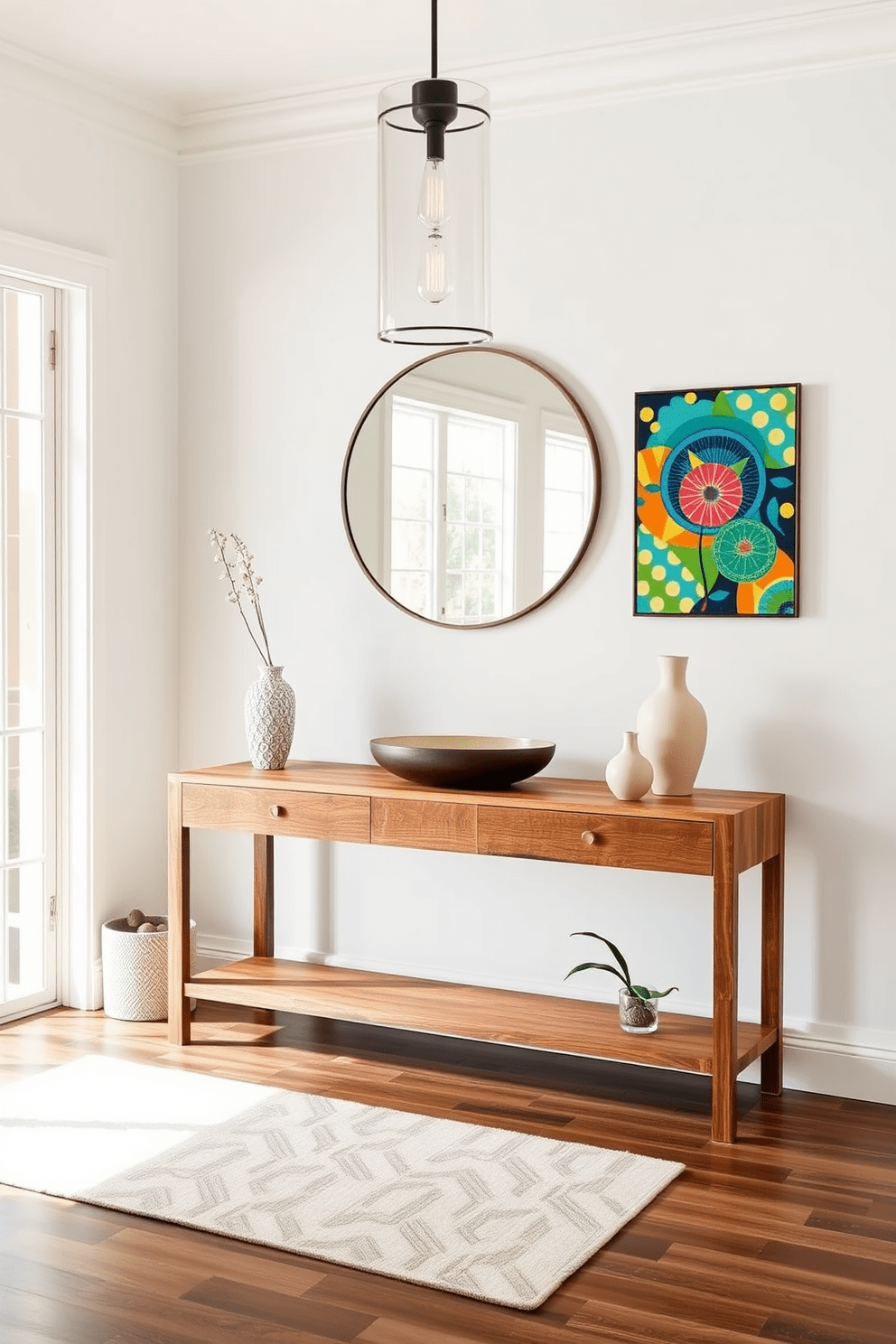 Design an inviting entryway with decor that features a sleek console table made of reclaimed wood. Above the table, a large round mirror reflects natural light, while a vibrant piece of artwork adds a pop of color to the wall. On the floor, a soft area rug in neutral tones welcomes guests, and a small potted plant sits beside the table for a touch of greenery. Elegant pendant lighting hangs from the ceiling, creating a warm and welcoming atmosphere.