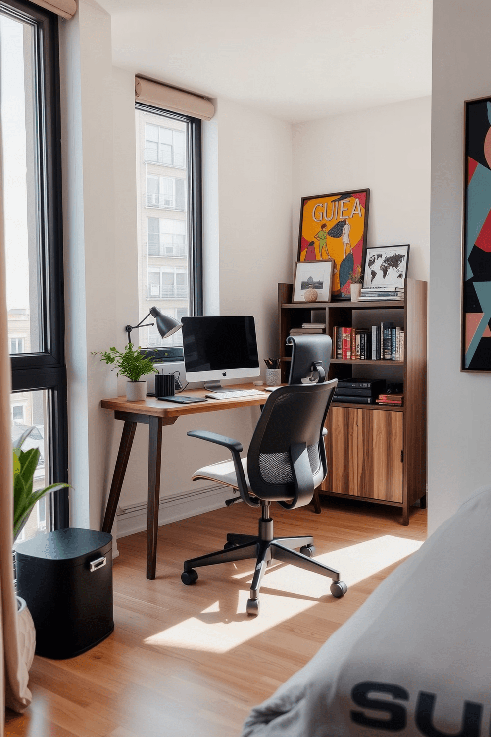 A stylish apartment design featuring a cozy desk nook for productivity. The nook is equipped with a sleek wooden desk, a comfortable ergonomic chair, and a small bookshelf filled with stylish decor and books. The walls are painted in a soft neutral tone, complemented by vibrant artwork that adds personality to the space. Large windows allow natural light to flood in, creating an inviting atmosphere perfect for work or study.