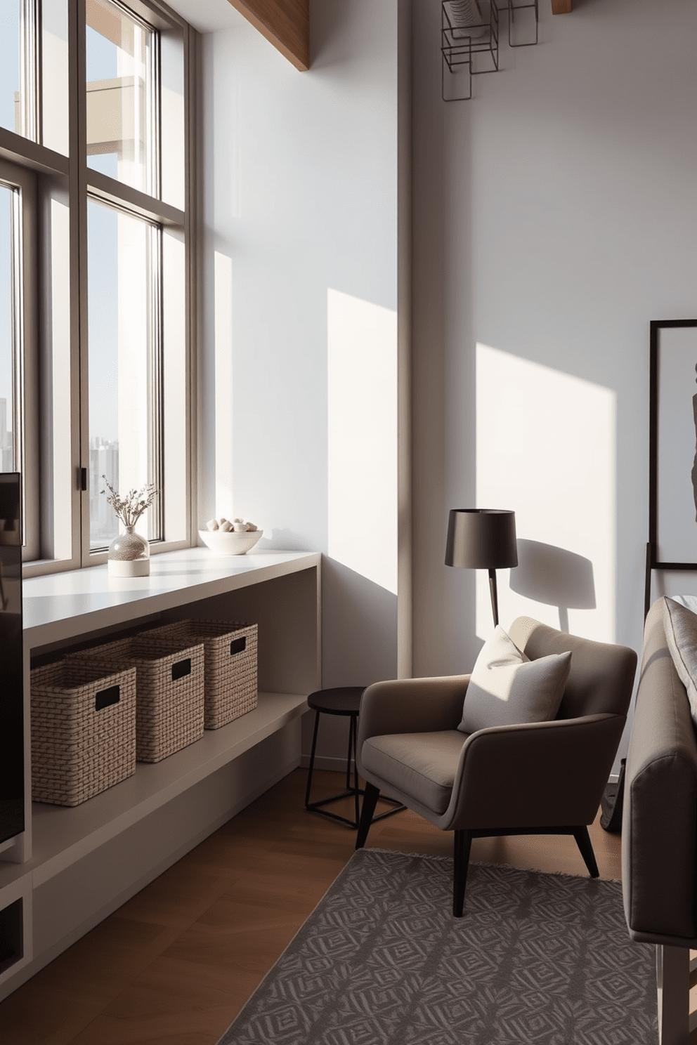 A stylish apartment living room features decorative storage boxes arranged neatly on a sleek shelf. The boxes are made of woven fabric in soft pastel colors, adding a touch of warmth to the modern space. In the corner, a cozy reading nook is created with a plush armchair and a small side table. Natural light floods the area through large windows, highlighting the minimalist decor and inviting ambiance.