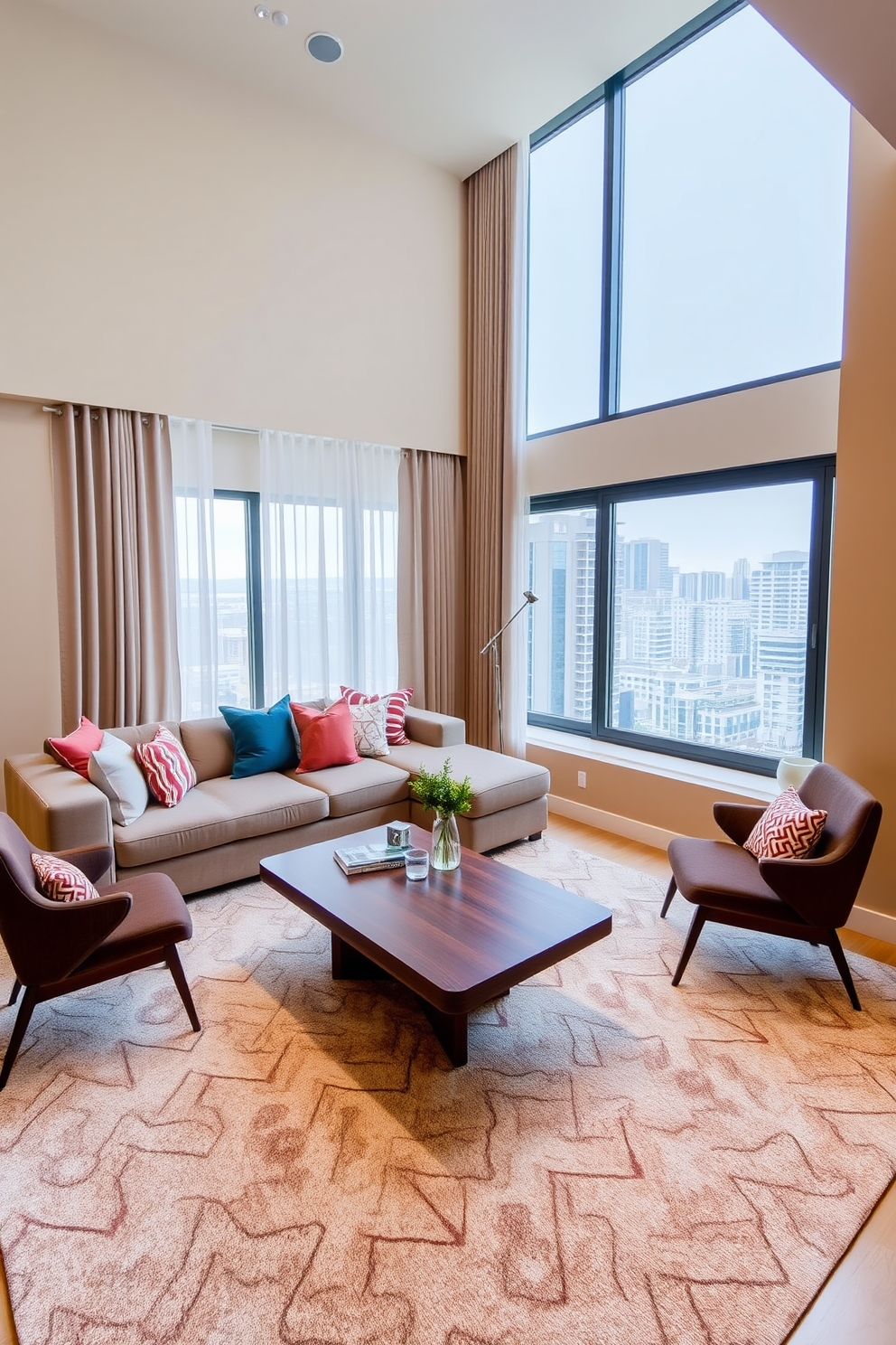 A stylish apartment design featuring a cozy living room with a plush sectional sofa adorned with colorful throw pillows. The walls are painted in a warm beige tone, and a large area rug anchors the space, providing comfort and texture underfoot. In the corner, a sleek wooden coffee table is surrounded by modern accent chairs, creating an inviting conversation area. Floor-to-ceiling windows allow natural light to flood the room, highlighting the soft curtains that gently frame the view.