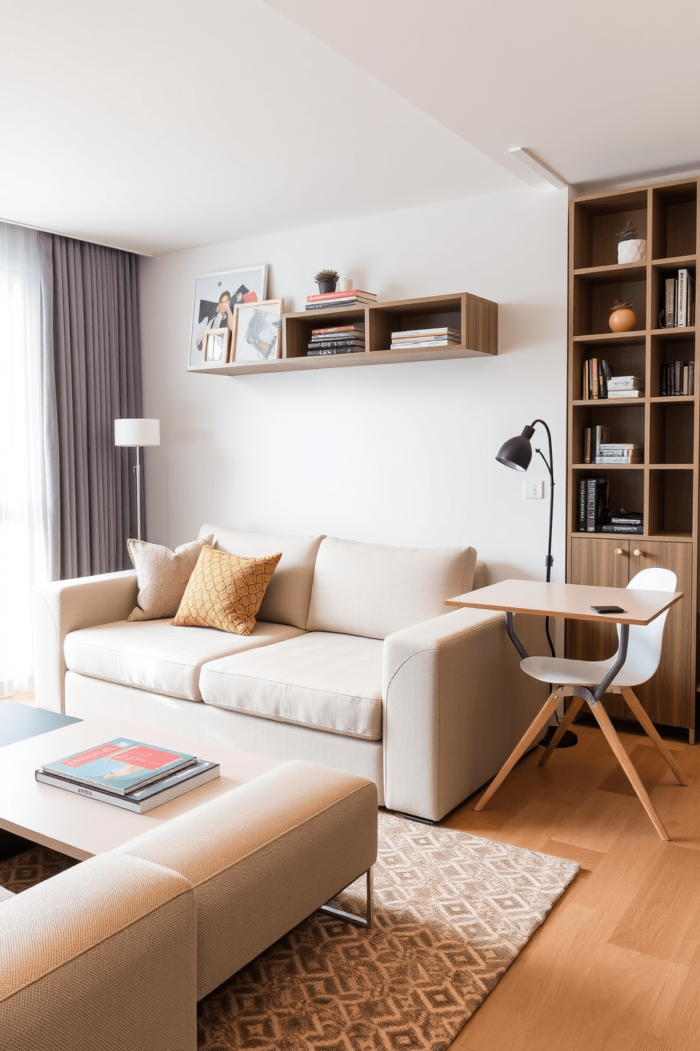 A stylish studio apartment featuring a multifunctional sofa that converts into a bed. The living area includes a sleek coffee table with hidden storage and a compact dining table that folds down when not in use. The color palette consists of soft neutrals with pops of vibrant colors in the decor. A wall-mounted shelving unit displays books and decorative items while maximizing floor space.