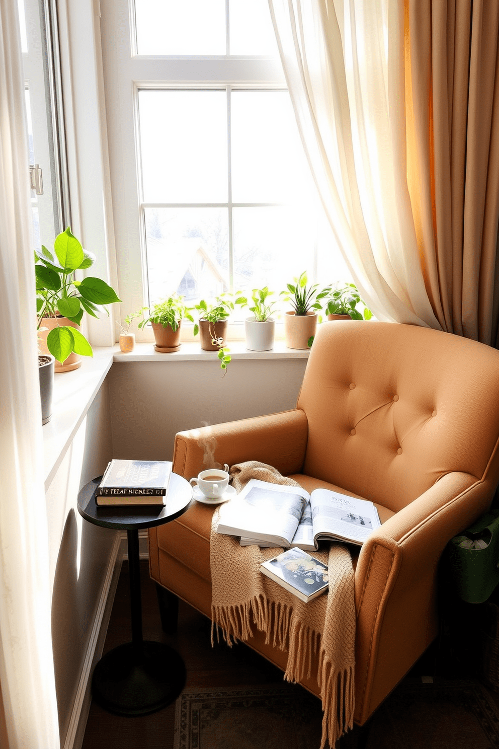 Create a cozy reading nook by windows with a plush armchair upholstered in soft fabric. A small side table holds a steaming cup of tea and a stack of books, while a warm throw blanket drapes over the armchair. Natural light streams in through sheer curtains, illuminating the space with a soft glow. Potted plants on the windowsill add a touch of greenery, enhancing the inviting atmosphere of the nook.