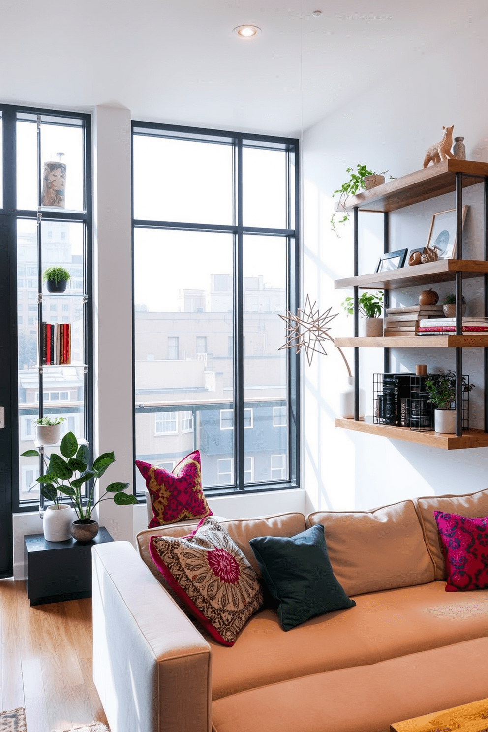 A stylish apartment design featuring floating shelves that provide both storage and aesthetic appeal. The shelves are made of reclaimed wood and are adorned with decorative books, plants, and unique art pieces. The living space is open and airy, with large windows that let in natural light. A cozy seating area with a plush sofa and vibrant throw pillows complements the minimalist decor.