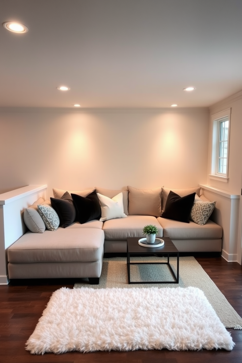 A cozy sectional sofa is positioned in a sunken living room, surrounded by soft throw pillows and a plush area rug. Warm lighting from recessed fixtures highlights the inviting atmosphere, creating a perfect space for relaxation and gatherings.