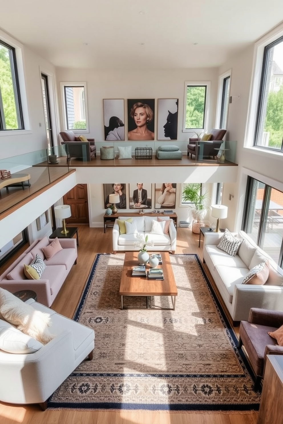 A sunken living room features multi-level seating that creates a dynamic and inviting space. Plush sofas and stylish armchairs are arranged at varying heights, encouraging conversation and comfort. The walls are adorned with soft, neutral tones, and large windows allow natural light to flood the room. A statement coffee table sits at the center, surrounded by textured rugs that define each seating area.