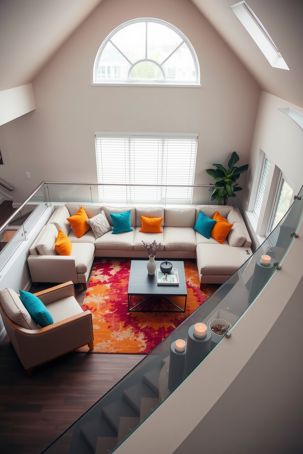 A sunken living room featuring a neutral color palette with pops of color throughout the space. The seating area includes a plush sectional sofa in soft beige, accented by vibrant throw pillows in shades of teal and mustard. The sunken area is framed by a sleek glass railing, allowing for an open and airy feel. A modern coffee table sits at the center, surrounded by a colorful area rug that adds warmth and texture to the design.