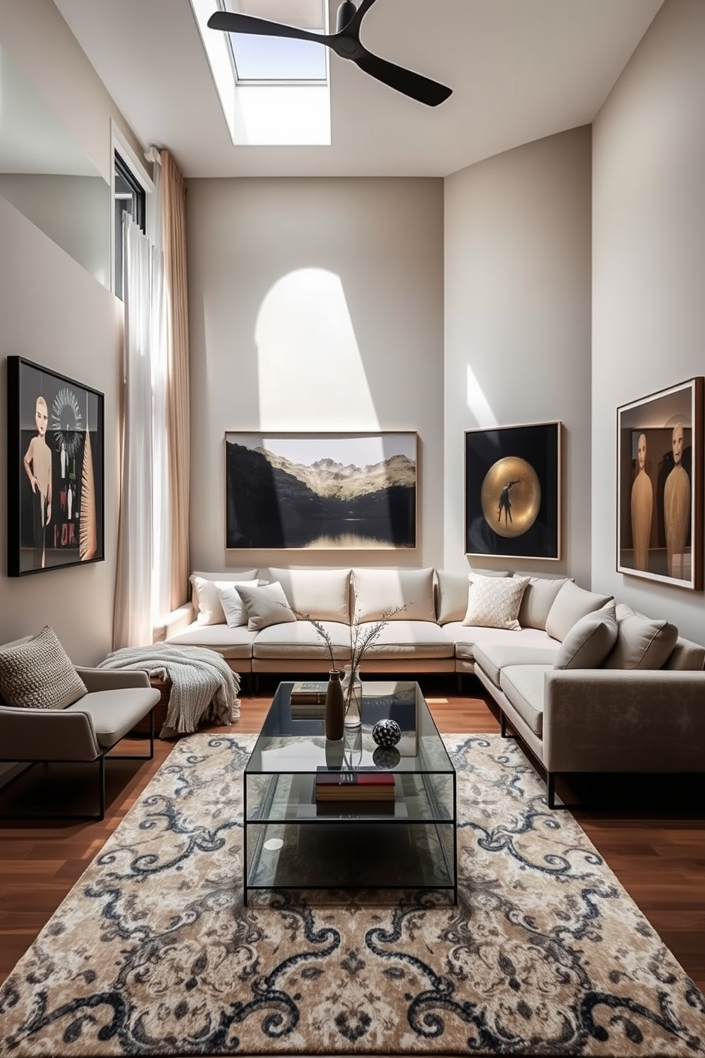 A sunken living room features a cozy sectional sofa in neutral tones, surrounded by contemporary art pieces that add visual appeal. The space is highlighted by a sleek coffee table and a statement rug, creating an inviting atmosphere for relaxation and social gatherings.