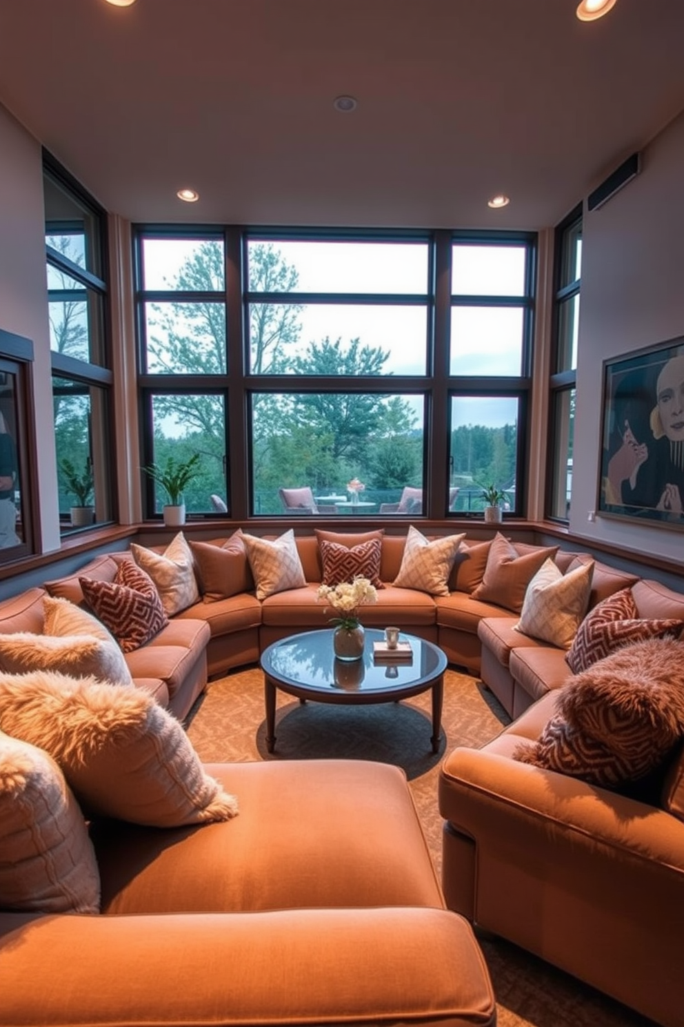 A cozy sunken living room features plush seating arranged around a central coffee table. Soft throw pillows in various textures and colors add comfort and style to the space, enhancing the inviting atmosphere. The room is illuminated by warm lighting that highlights the sunken area, creating a sense of intimacy. Large windows allow natural light to flood in, blending the indoor space with the outdoor views.