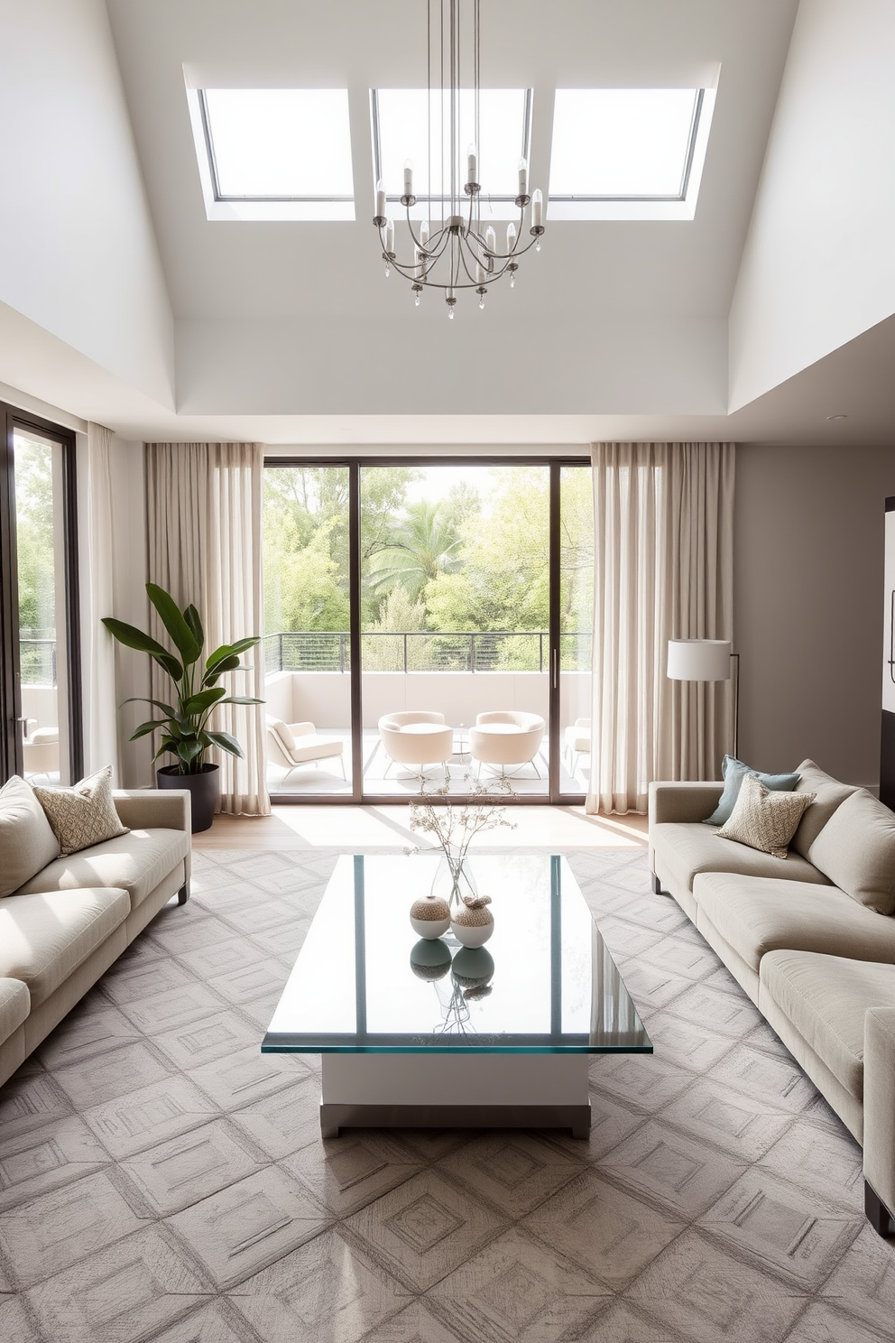 A modern sunken living room featuring a glass coffee table that enhances the airy atmosphere. The room is adorned with plush sofas in neutral tones and large windows allowing natural light to flood in.