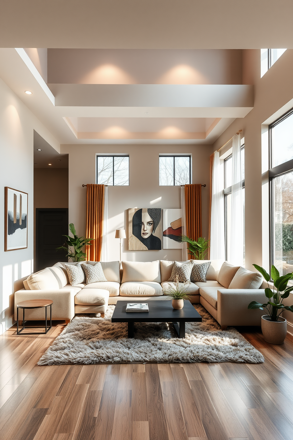 A sunken living room with a cozy sectional sofa in a neutral tone facing a sleek coffee table. The walls are adorned with contemporary art pieces, and recessed lighting highlights the architectural features of the space. Large windows allow natural light to flood the room, creating an inviting atmosphere. A plush area rug anchors the seating area, while potted plants add a touch of greenery to the design.