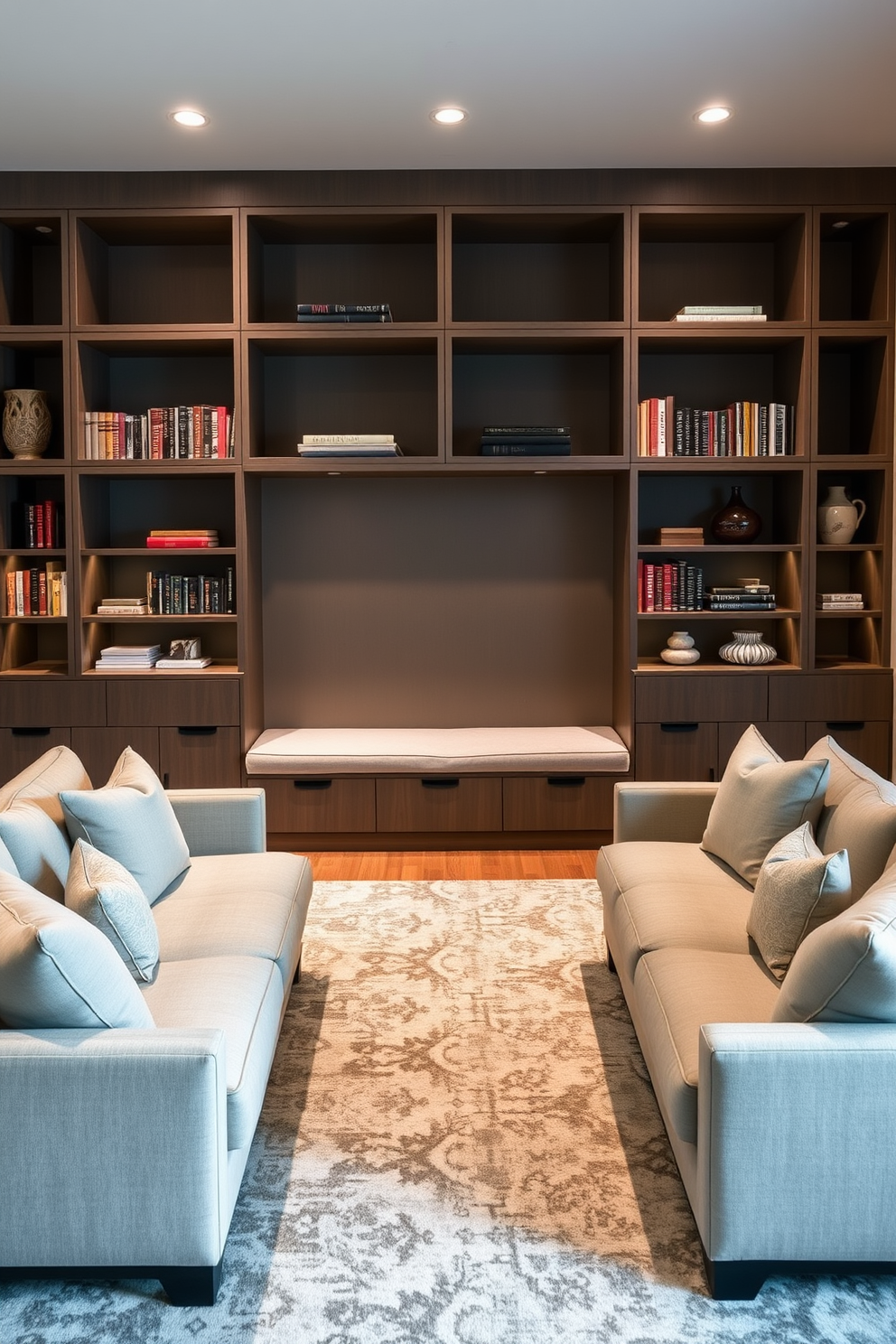 Smart storage solutions to reduce clutter. A sleek built-in shelving unit spans the wall, featuring a combination of open and closed compartments for books and decorative items. Beneath the shelving, a custom bench with hidden storage provides seating while keeping the space organized. Sunken living room design ideas. The sunken area is framed by plush sectional sofas, creating an inviting conversation pit. Soft lighting from recessed fixtures highlights the cozy ambiance, while a large area rug defines the space and adds warmth.