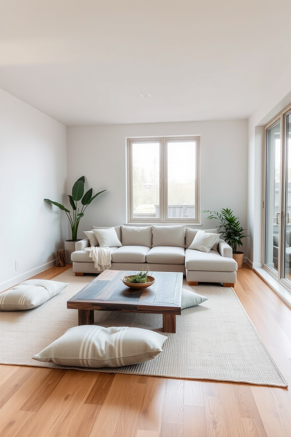 A serene sunken living room with minimalist decor featuring natural wood accents. The space includes a low-profile sectional sofa in neutral tones, paired with a reclaimed wood coffee table and large floor cushions for added comfort. The walls are adorned with subtle textures, and large windows allow natural light to flood the room. A few carefully selected plants bring a touch of greenery, enhancing the calming atmosphere of the space.