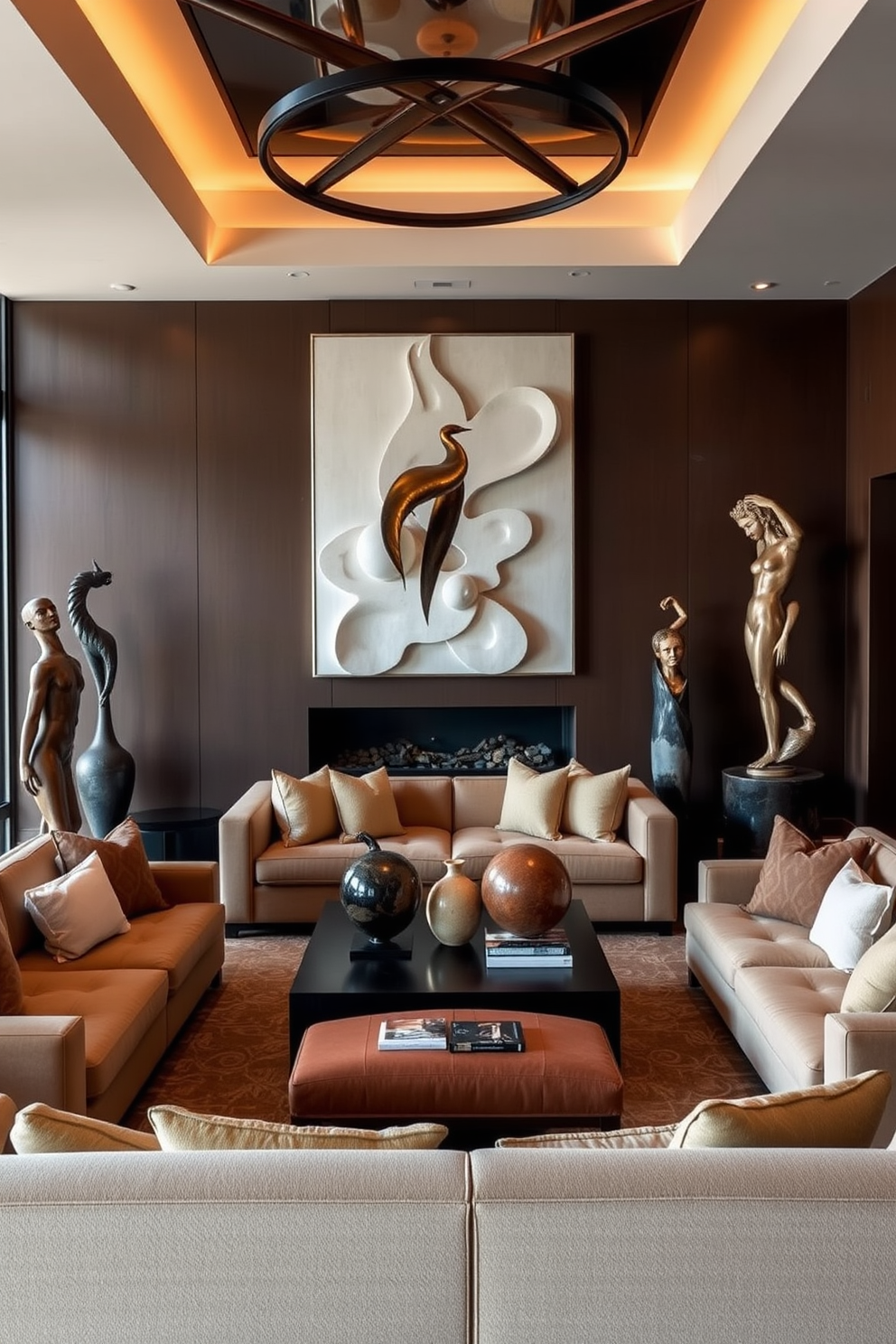 A stunning living room featuring unique sculptures as statement pieces. The space is designed with a sunken layout, creating an inviting atmosphere that encourages conversation and relaxation. The sculptures are strategically placed to draw the eye, with one large abstract piece dominating the focal point of the room. Plush seating surrounds the sunken area, complemented by a warm color palette that enhances the artistic elements.